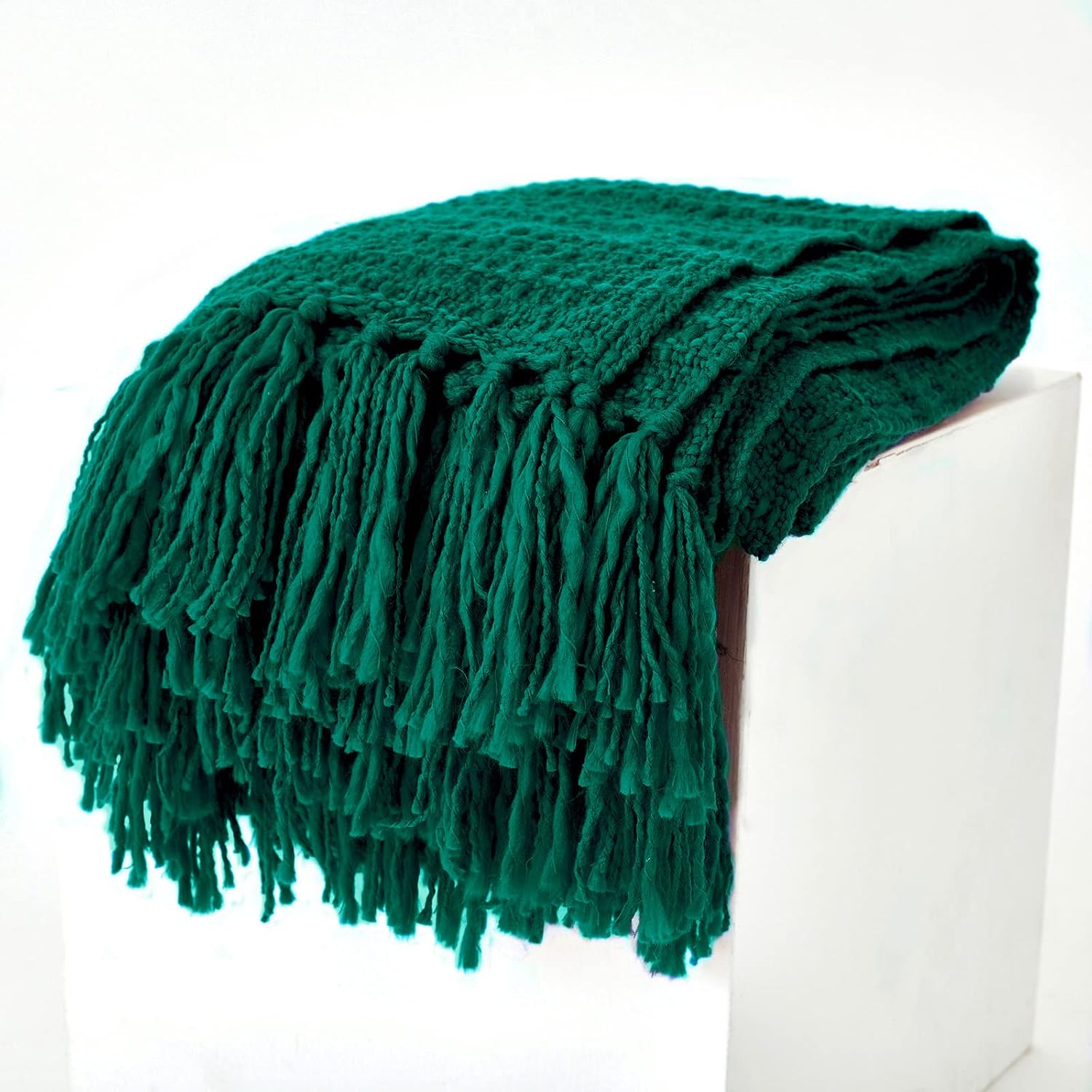 PANDATEX Thick Chunky Green Knitted Throw Blanket for Couch Chair Sofa Bed, Chic Boho Style Textured Basket Weave Pattern Blanket with Decorative Fringe, 50"x60"