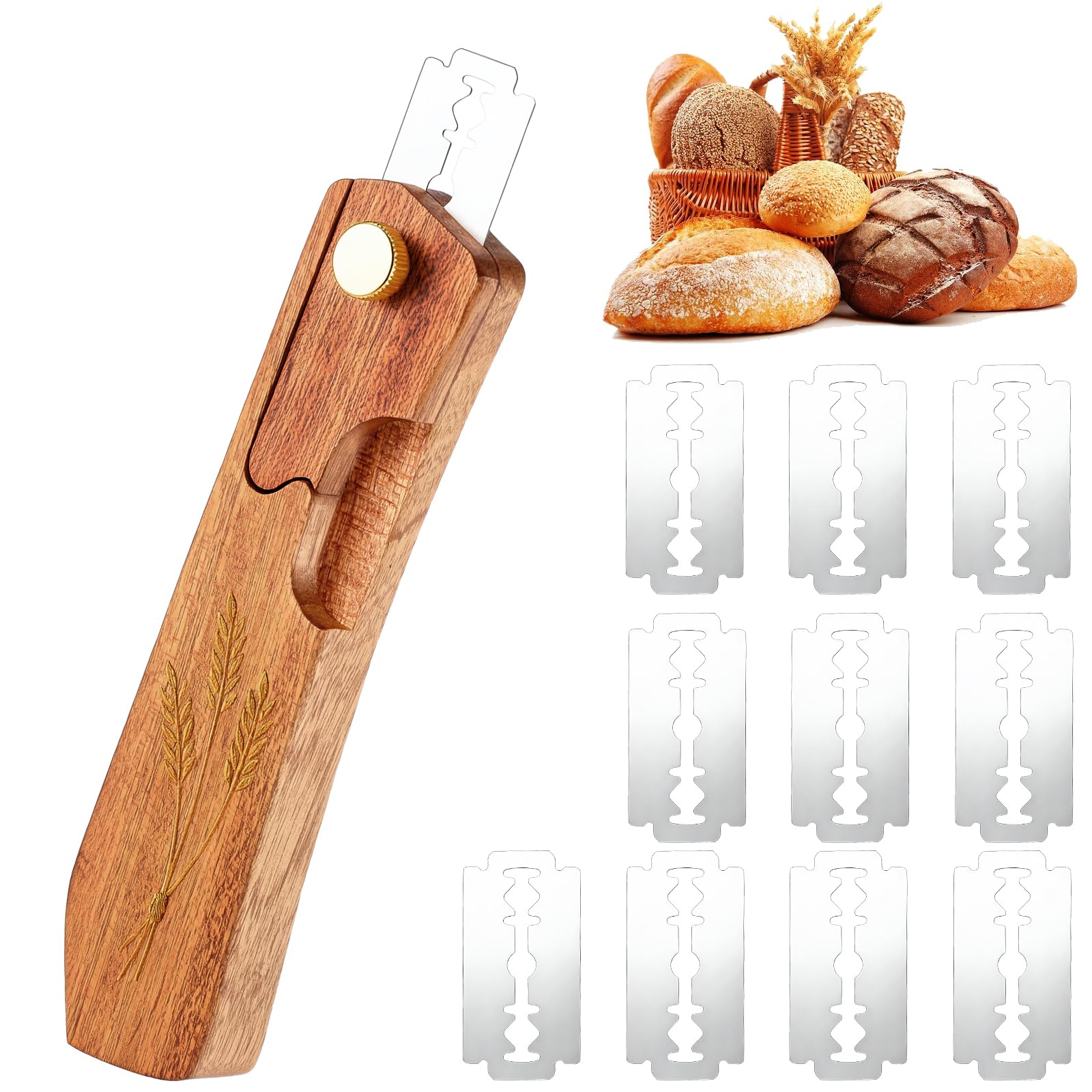 Yuanan Bread Lame Dough Scoring Tool, Sourdough Scoring Blade with 10 Stainless Steel Blades, Handcrafted Wooden Handle Bread Making Accessories for Homemade