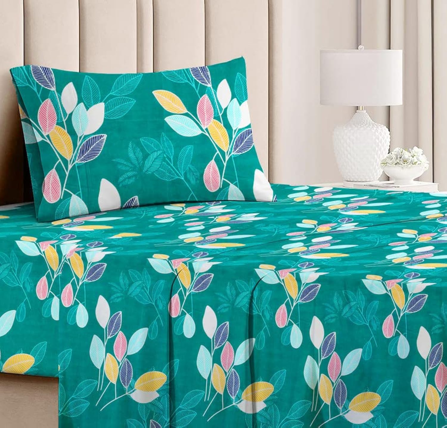 BSB HOME Premium Forever Modern Style Glace Cotton Floral Luxurious Beautiful Soft Comfort Designer Floral Pattern 1 Single Size Bed bedsheet and 1 Pillow Cover- Dark Green