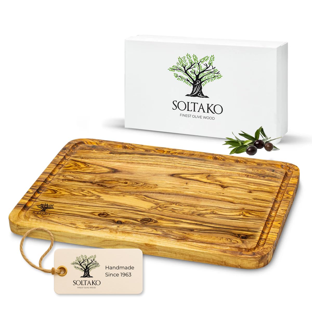 SOLTAKO Schneidebrett Olivenholz mit Saftrille 40 x 30 cm "The Wood Master L" - massives Servierbrett, Tranchierbrett aus Oliven Holz