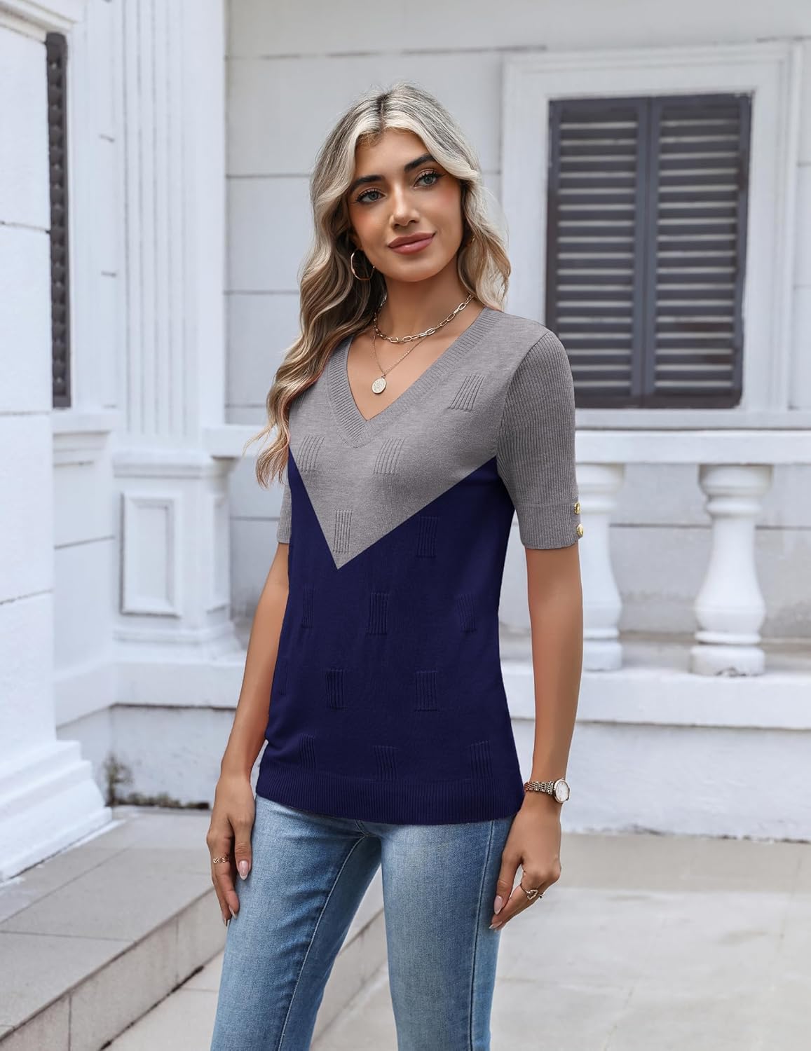 Zeagoo Womens Short Sleeve Sweater 2026 Summer V Neck Lightweight Sweater Tops Dressy Ribbed Knit Outfits with Buttons - Image 3