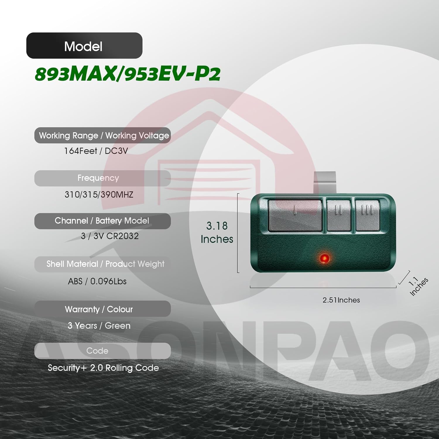 Diagram showing the dimensions and technical specifications of the 893MAX remote.