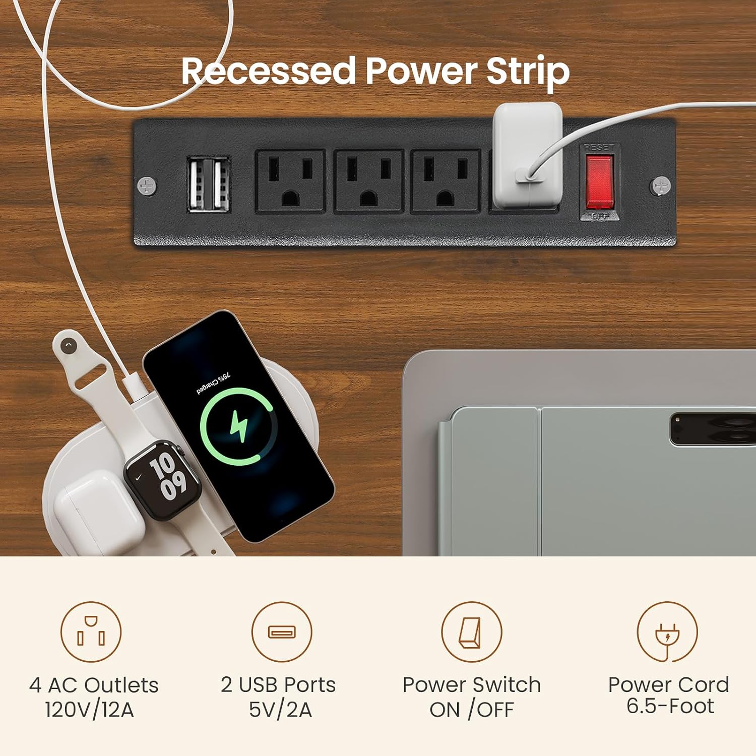 Gambar cedhak saka stopkontak sing didhelikake nganggo 4 stopkontak AC lan 2 port USB