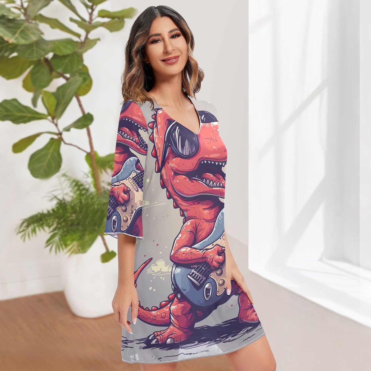 Red Dinosaur Playing Guitar Short Chiffon Dress Printed Summer Dresses Women S-XXL