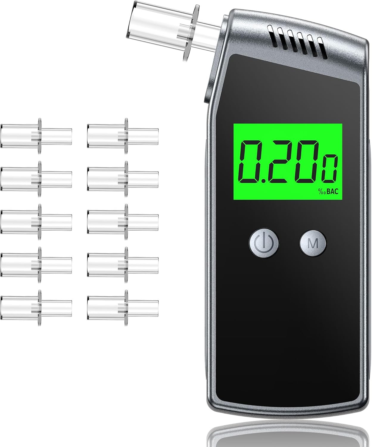 Breathalyzer, Home Alcohol Tester with LCD Digital Display,Portable Breathalyzer for Personal & Party Use with 10 Replaceable Mouthpieces（Black)