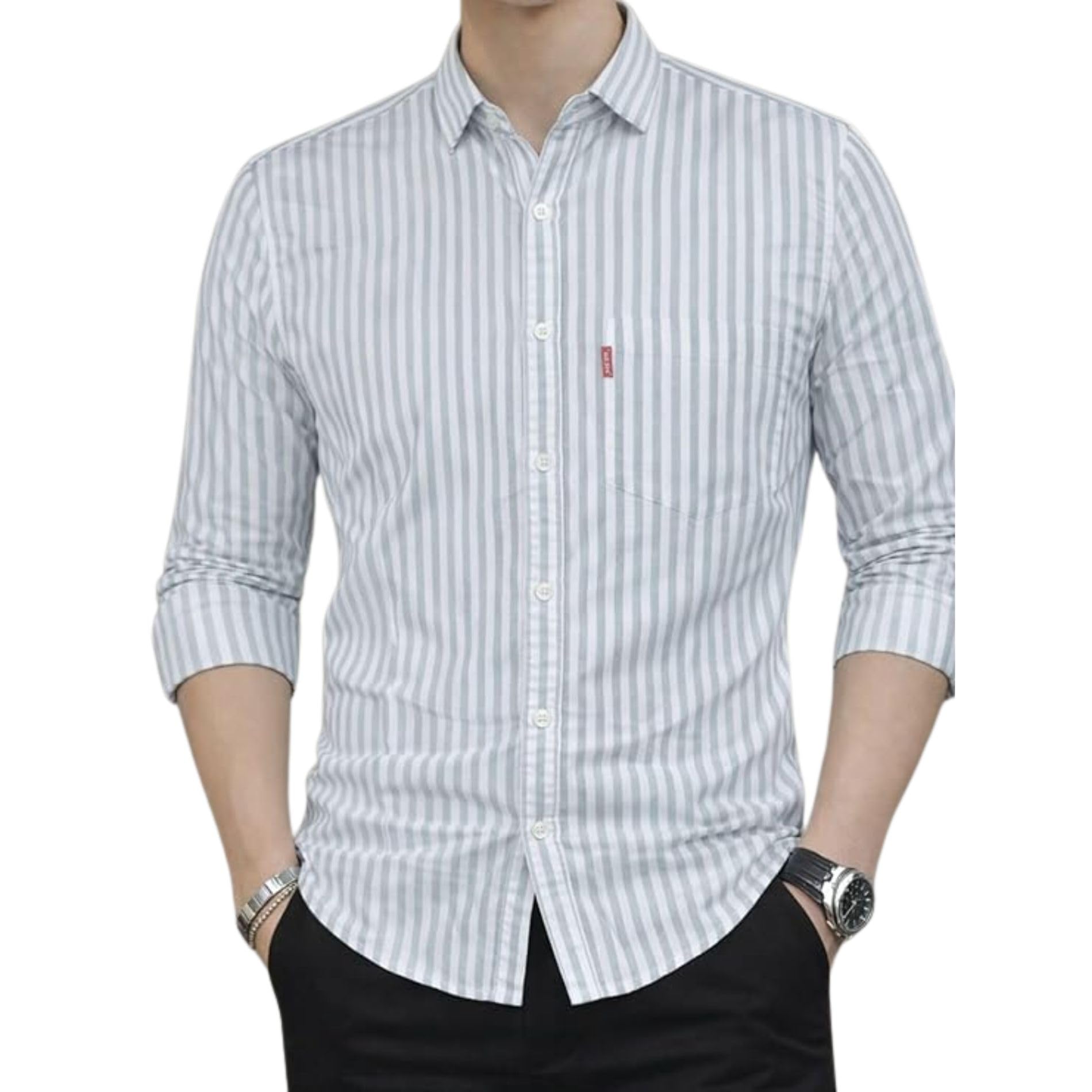 Men's Pure Cotton Striped Printed Shirt with Spread Collared Neck Full Sleeve Curved Hemline Button Closure and Regular Fit | Shirt for Man Full Sleeve-image-42