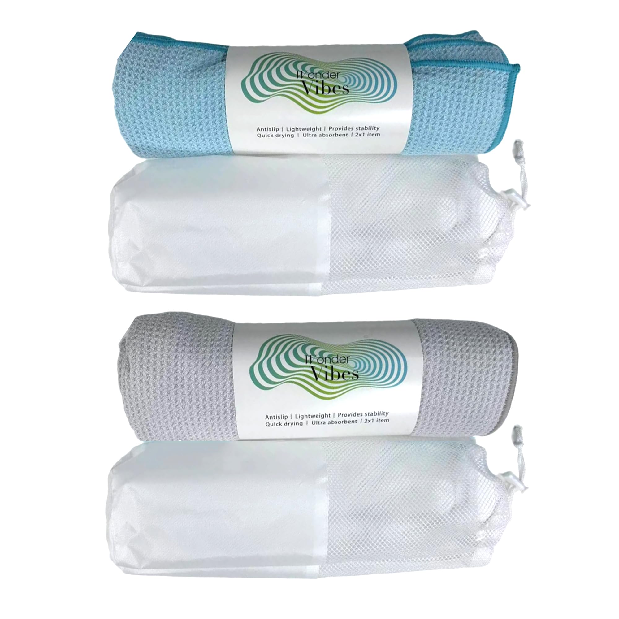WonderVibes 2x1 Hot Yoga Towel Pack - 2 Yoga Mat Towel - Quality Yoga Towel with Mesh Bags - Yoga Towels for hot Yoga Non Slip - 2 Absorbent Pilates