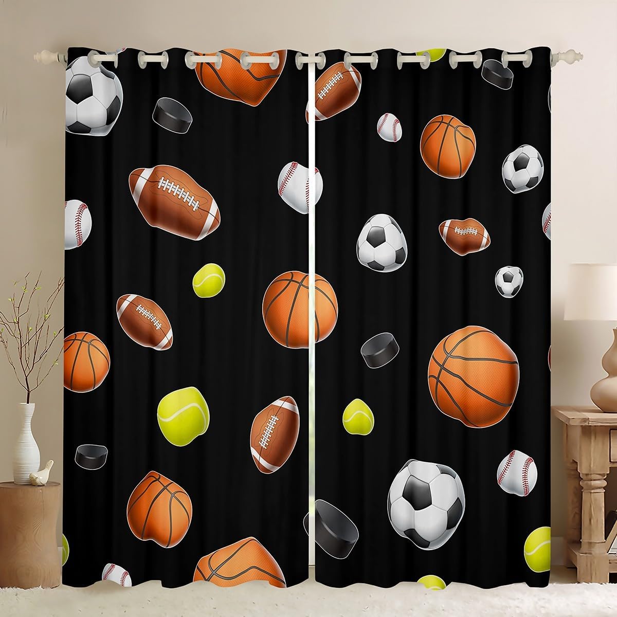 jejeloiu Ball Gaming 30%-50% Blackout Shades Kids Sports Game Window Curtain (2 Panels, 38 x 45 Inch) Football Baseball Window Treatments for Women Men Room Decor Soft Polyester Black