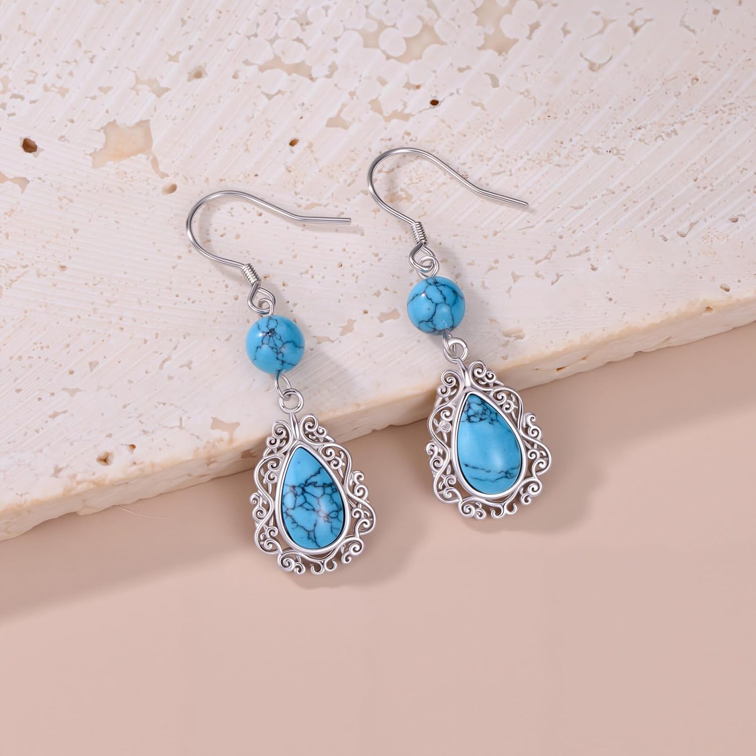 PEIMKO 925 Sterling Silver Pear Turquoise Exquisite Dangle Earrings Boho Style Earrings Jewelry Gifts for Women Mother - Image 3