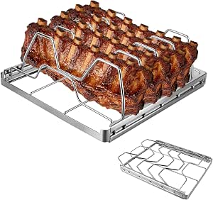Rib Rack for Smoking and Grilling, Stainless Steel, Supports Up to 4 Racks of Ribs