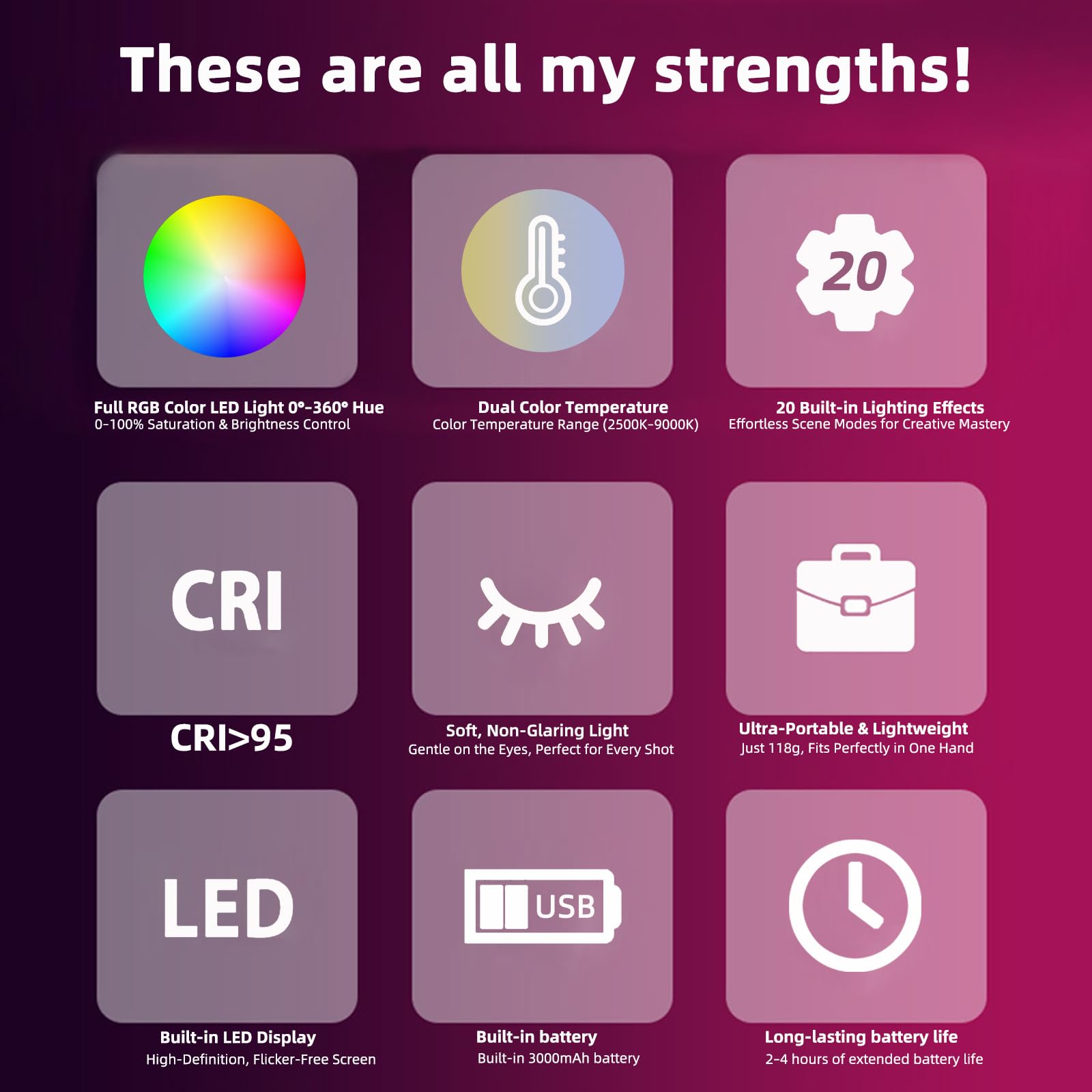 120 LED RGB luce video, luce portatile selfie con HUE 0-359°, 20 effetti luminosi, CRI 95+, luce video professionale con filtro colore e custodia in silicone, lampada fotografica per telefono/computer