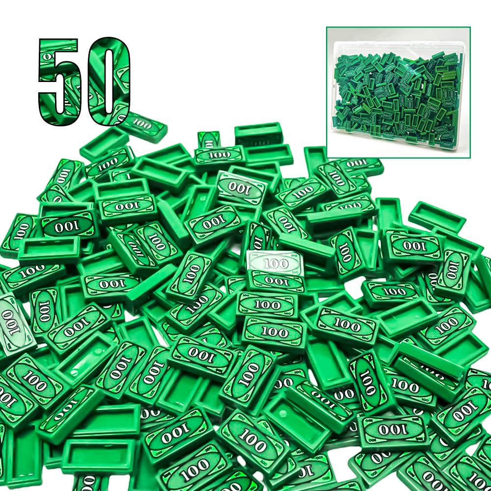 50 Pcs Tiles 1x2 with 100 Dollar Bill Money Print Green, Bulk Tile Money Accessories for Building, Compatible with Lego Parts and Pieces, Great Toy for Kids-image-9