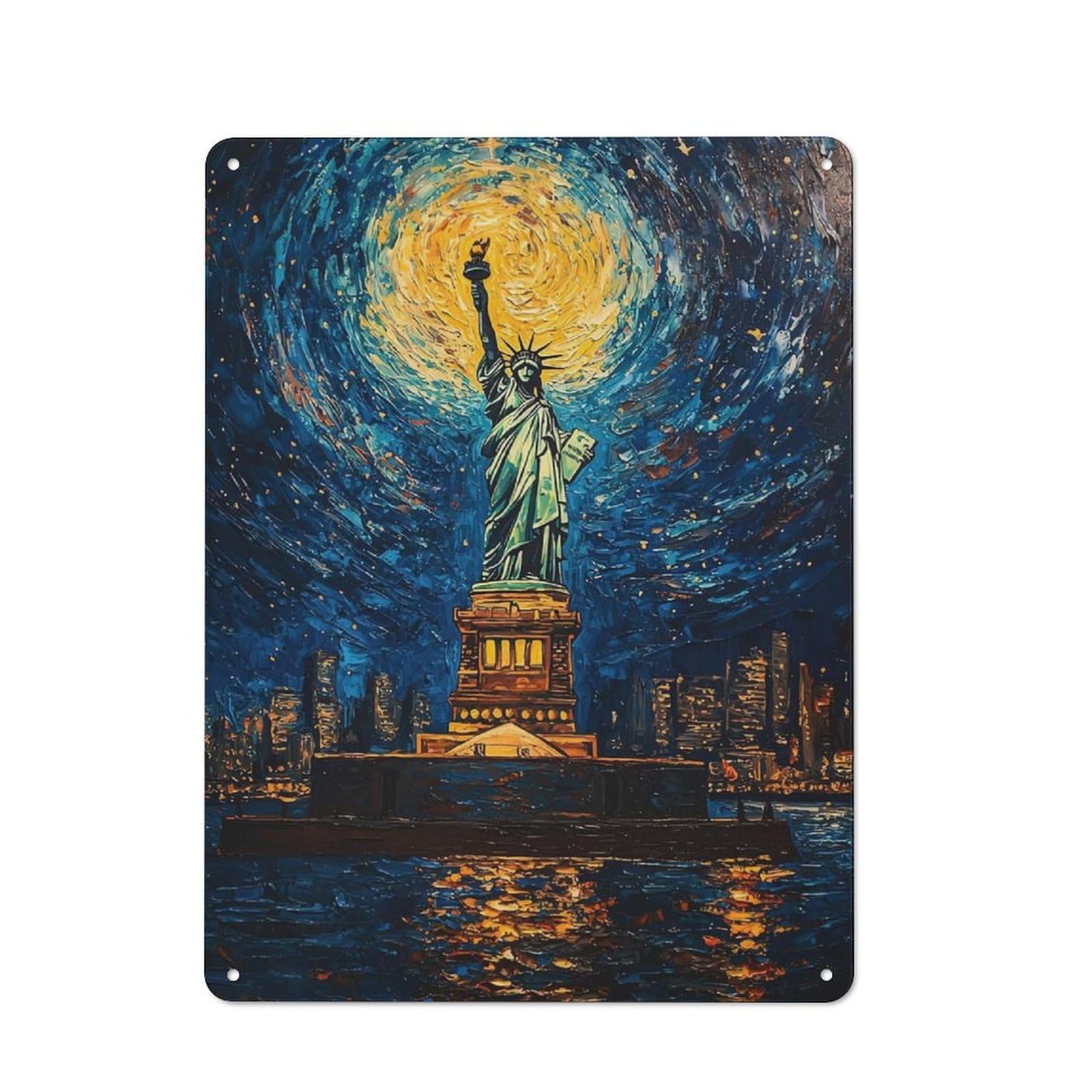 Junmoney Statue Of Liberty Night Metal Plaque 40X30cm With For Hallway Wall, Rustic Decor, For Garage, Workshop And Man Cave Decoration