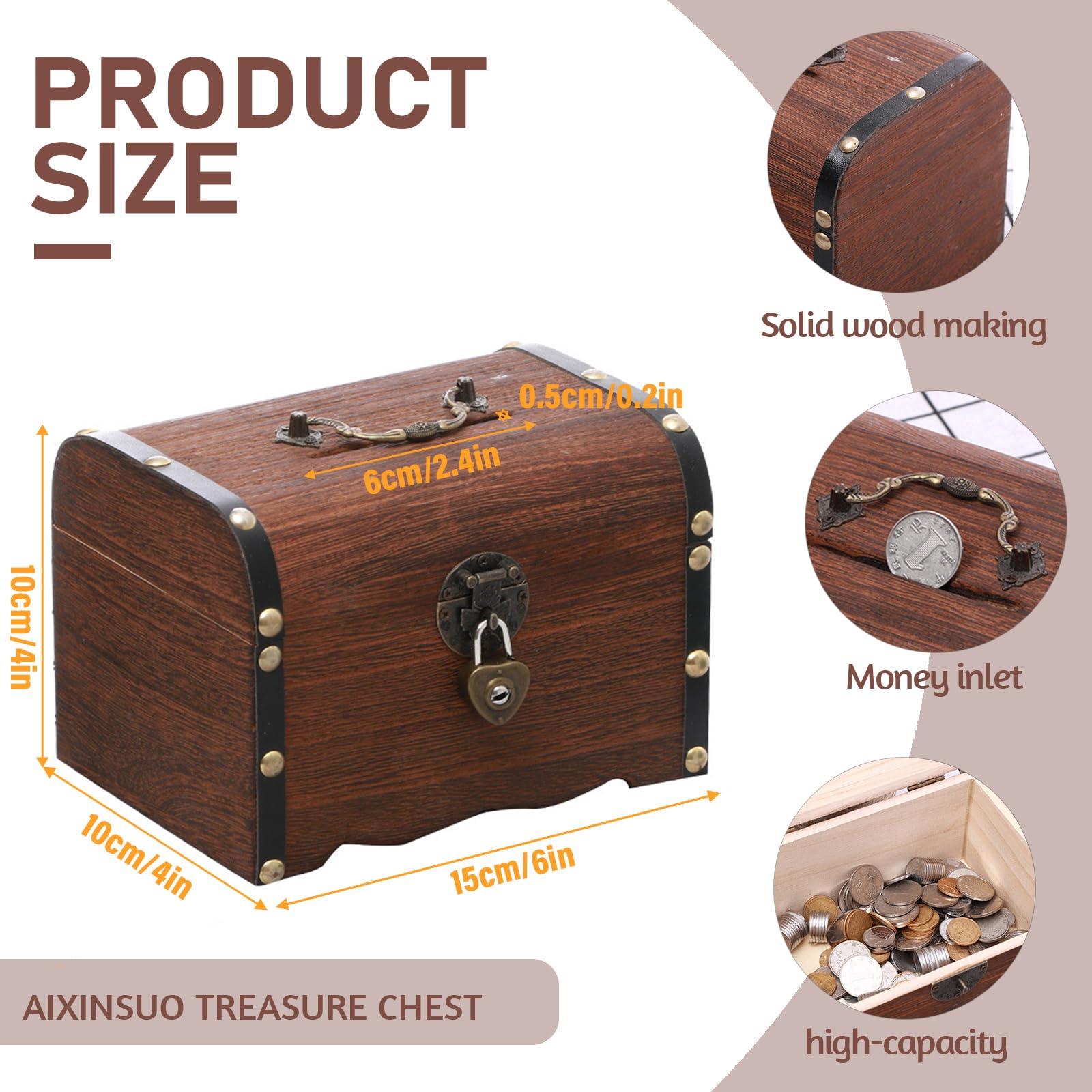Cofre Infantiles, Caja del Tesoro de Madera,Cofre del Tesoro de Madera pequeño,14,5x10,5x10 cm, para Joyas, Pulseras, Pendientes, Collares, broches