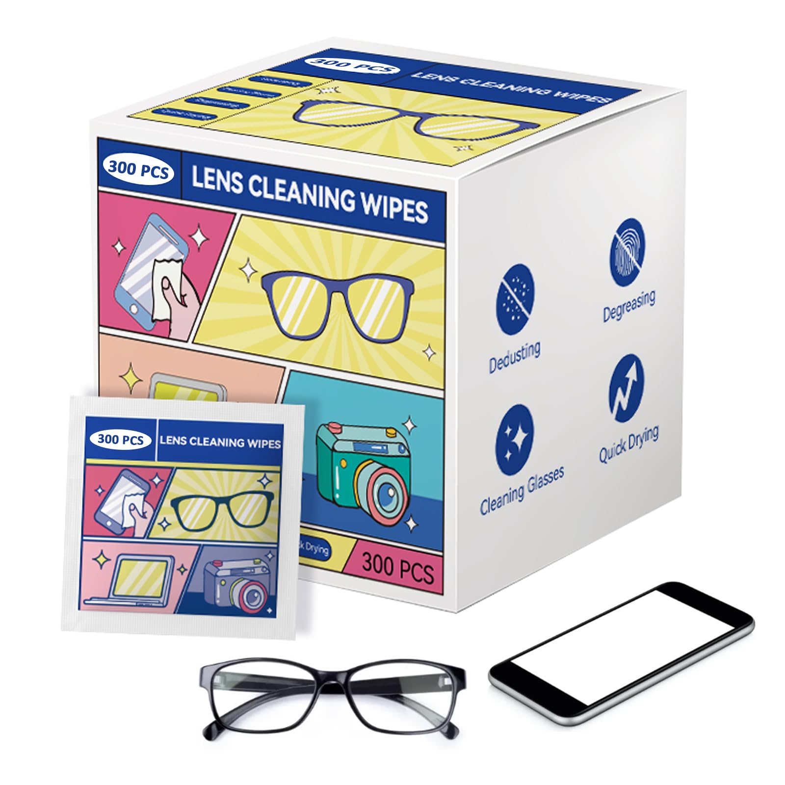 (300 piezas) Limpiador de lentes, toallitas para lentes, toallitas limpiadoras de gafas, toallitas para lentes de sol, toallitas de pantalla, toallitas para lentes envueltas individualmente