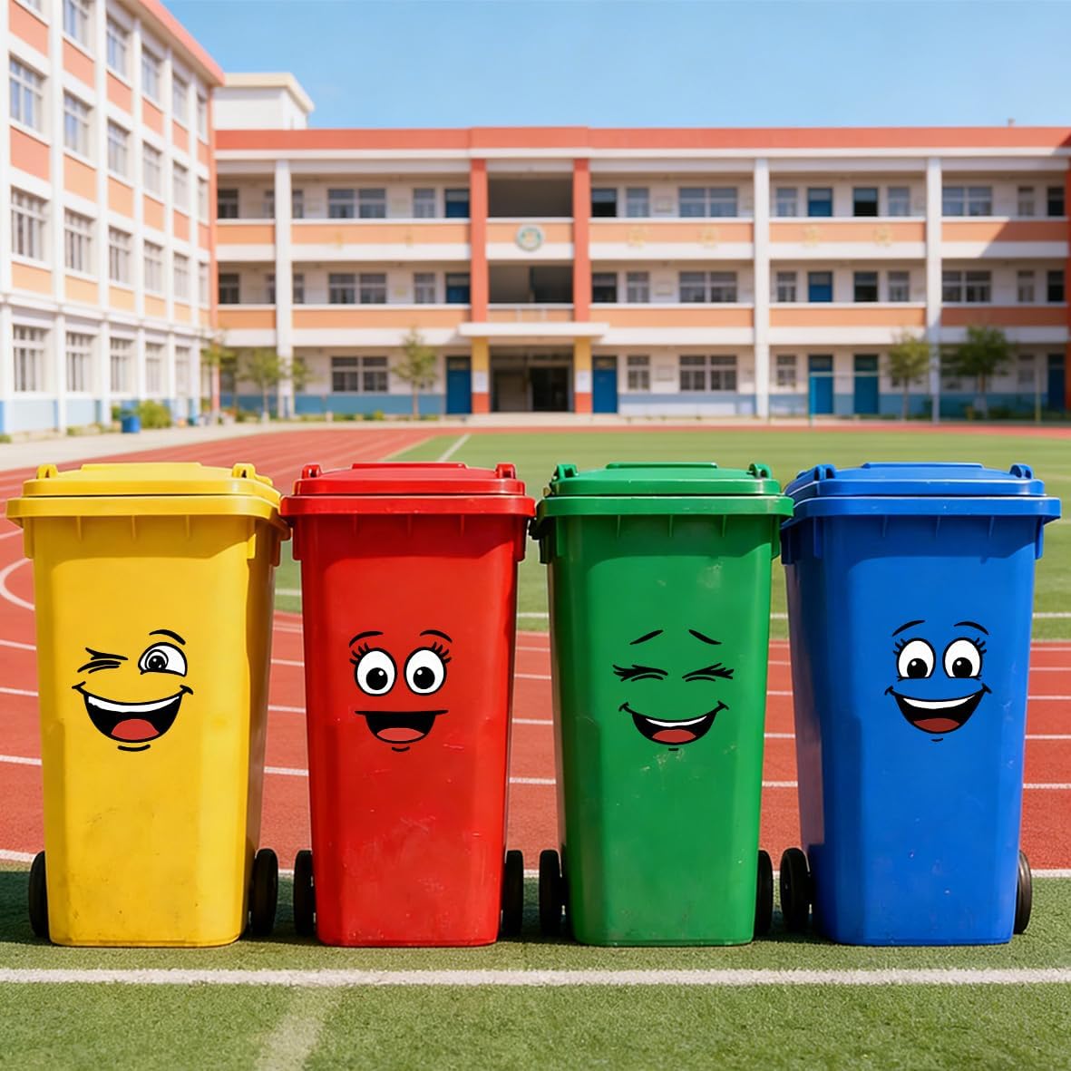 4 Pcs Funny Trash Garbage Can Stickers-Cute Toilet Lid Decal,Adhesive Cartoon Expressions Wheelie Bin Sticker for Kitchen Fridge Bucket,Decorative Indoor Outdoor (Smile)