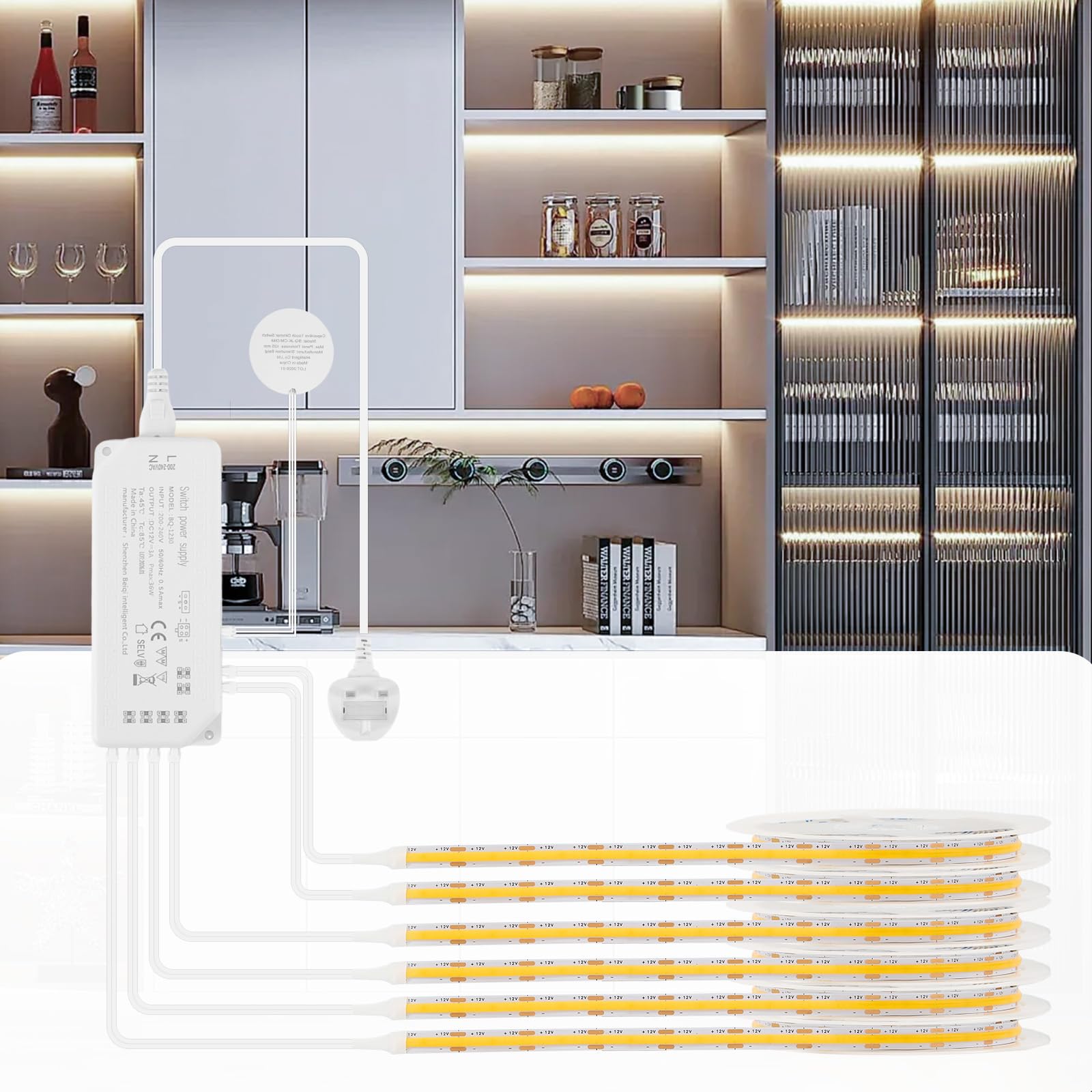 Enteenly Cabinet Light 6 x 1M COB LED Strip Lights Dimmable Touch Control for Acoustic Panel, Display Cabinets, Wardrobes, Kitchen, Wine Cabinets, Showcase, Shelf Lighting, 6000K