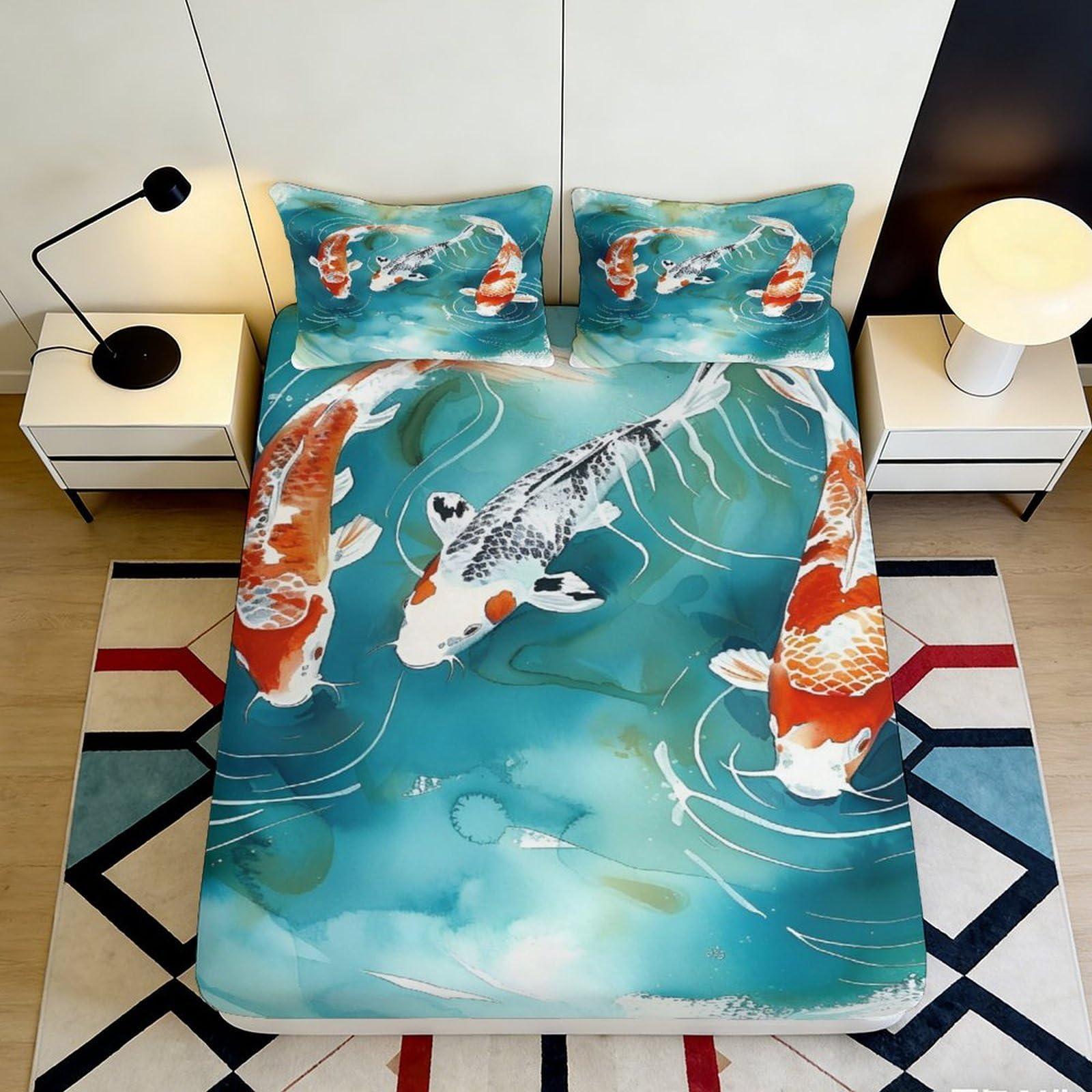 3D Printed Koi Fish Fitted Sheet Microfiber Soft Breathable Watercolor Bed Cover with Mattress Cover for Bedroom Dormitory Guest Room Mattress Protection Decor 200x200x25cm