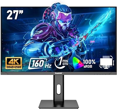 Gawfolk Schermo PC IPS da 27 pollici, Monitor Gaming 4K 160Hz, 1ms, FreeSync, 100% sRGB, Angolo di Visualizzazione 178°, HDMI 2.1, DisplayPort, Regolabile in Altezza e Girevole, VESA75x75MM – Nero