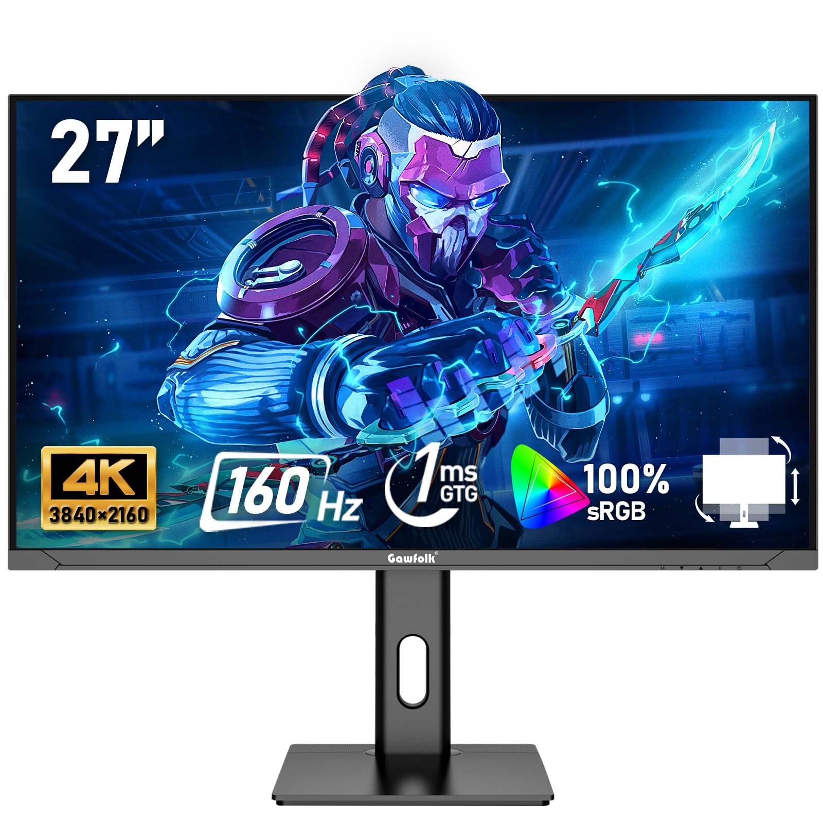Gawfolk Schermo PC IPS da 27 pollici, Monitor Gaming 4K 160Hz, 1ms, FreeSync, 100% sRGB, Angolo di Visualizzazione 178°, HDMI 2.1, DisplayPort, Regolabile in Altezza e Girevole, VESA75x75MM - Nero