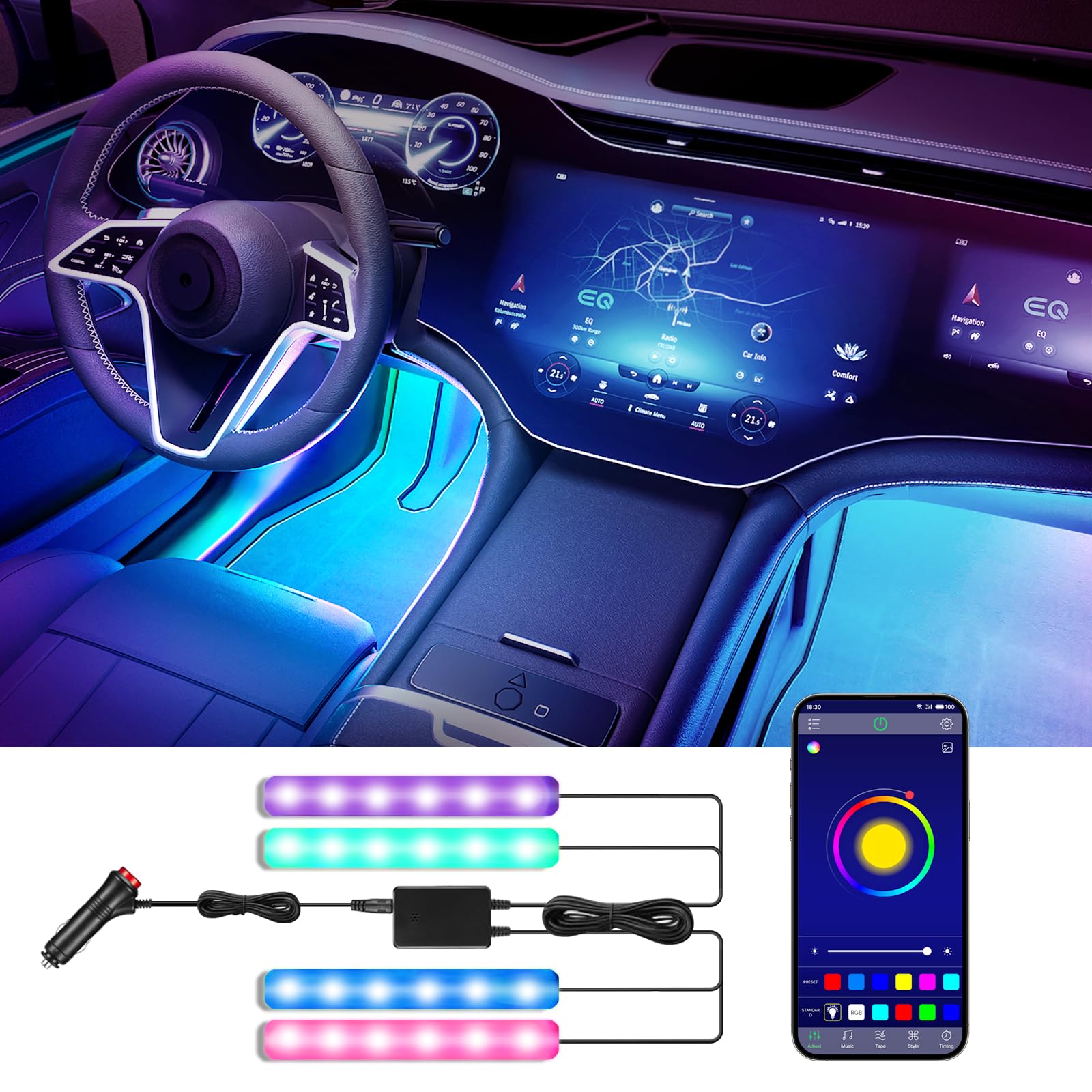 Car LED Lights Interior Smart with App Control, RGB Interior Car Lights with Music Mode and DIY Mode, 2 Lines Design LED Lights for Cars, Car Accessories Gifts for Women Men
