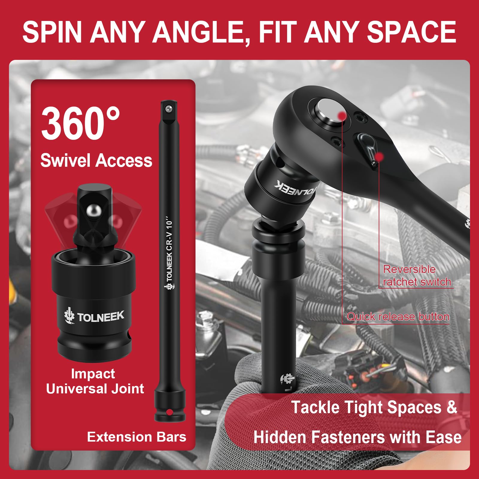 1/2" Drive Impact Socket Set, 11 Piece Deep Socket Set SAE 3/8"-1", 6