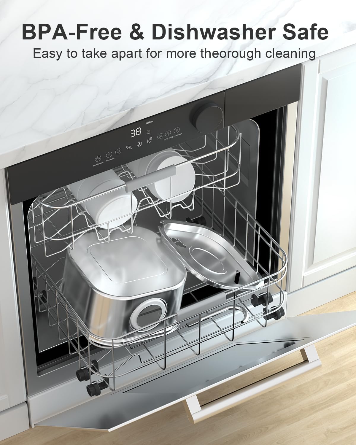 Stainless steel components of the NautyPaws pet water fountain being cleaned in a dishwasher.