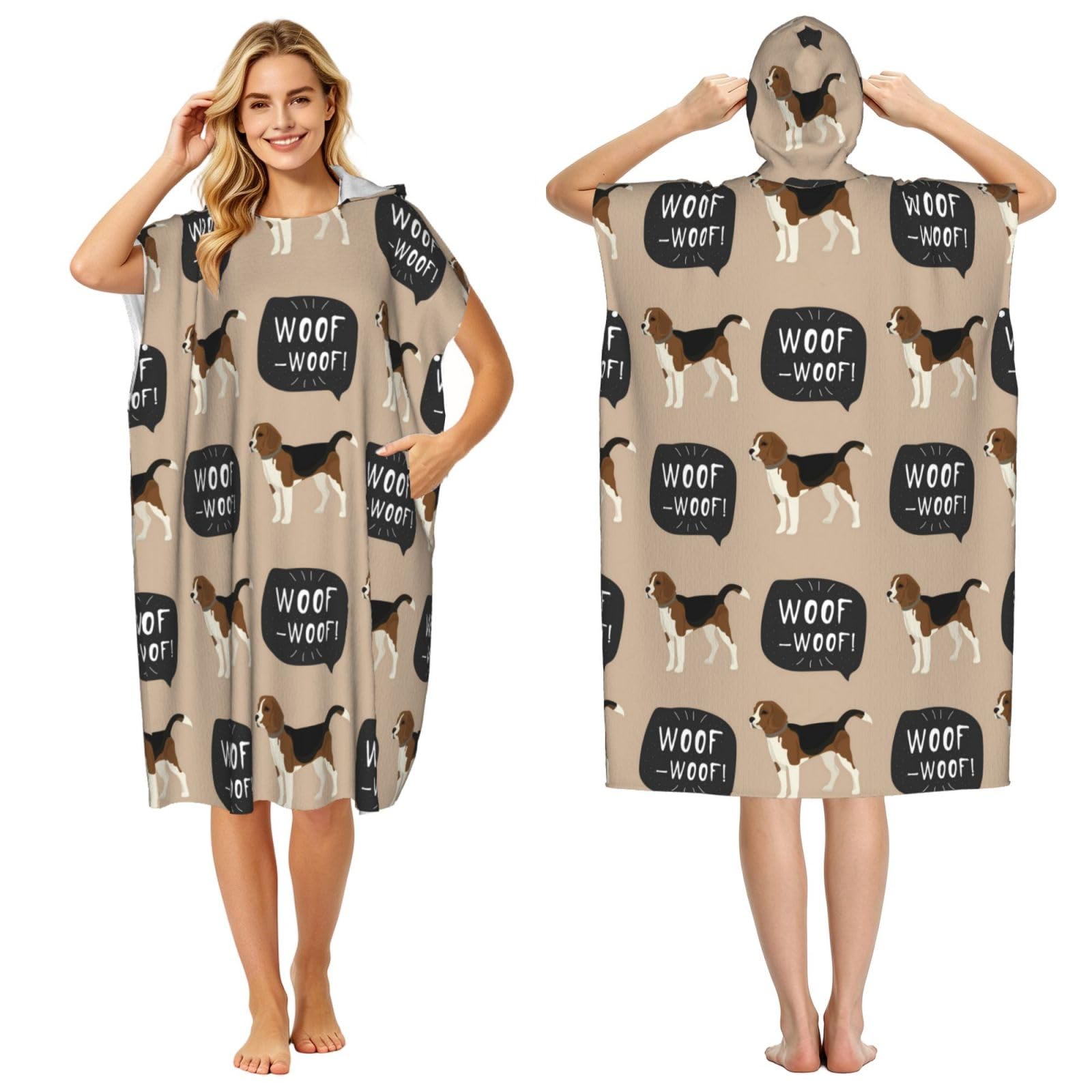 Poadnly Woof Beagle, Adult Hooded Beach Towel 90 x 110 cm,Changing Bath Robe, Surf Poncho Towel For Women Men