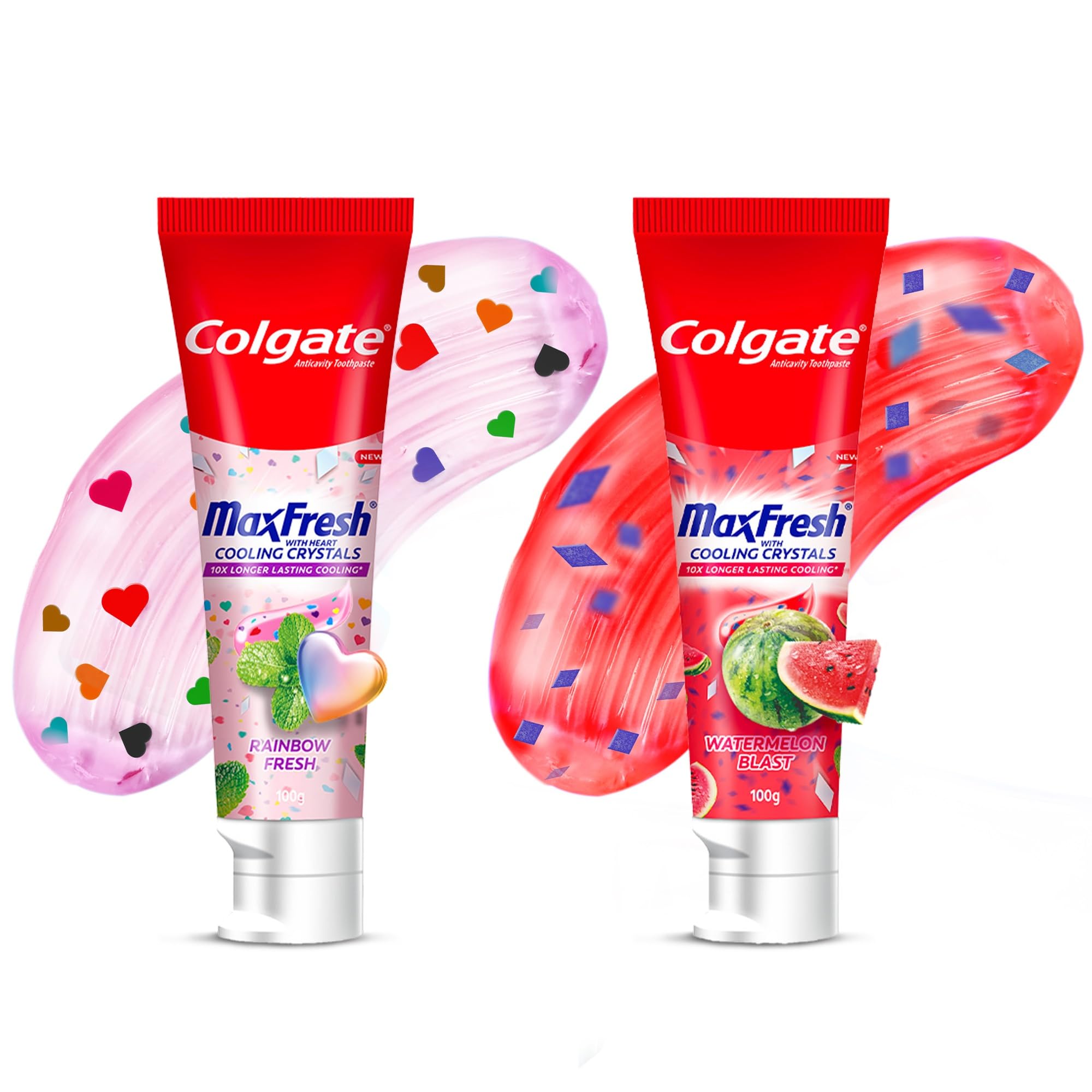 Colgate MaxFresh Rainbow Fresh Gel Toothpaste with Heart Shaped Cooling Crystals, Triple Mint Flavour, 100g & MaxFresh Watermelon Blast Gel Toothpaste with Cooling Crystals, 100g for Intense Freshness-image-18