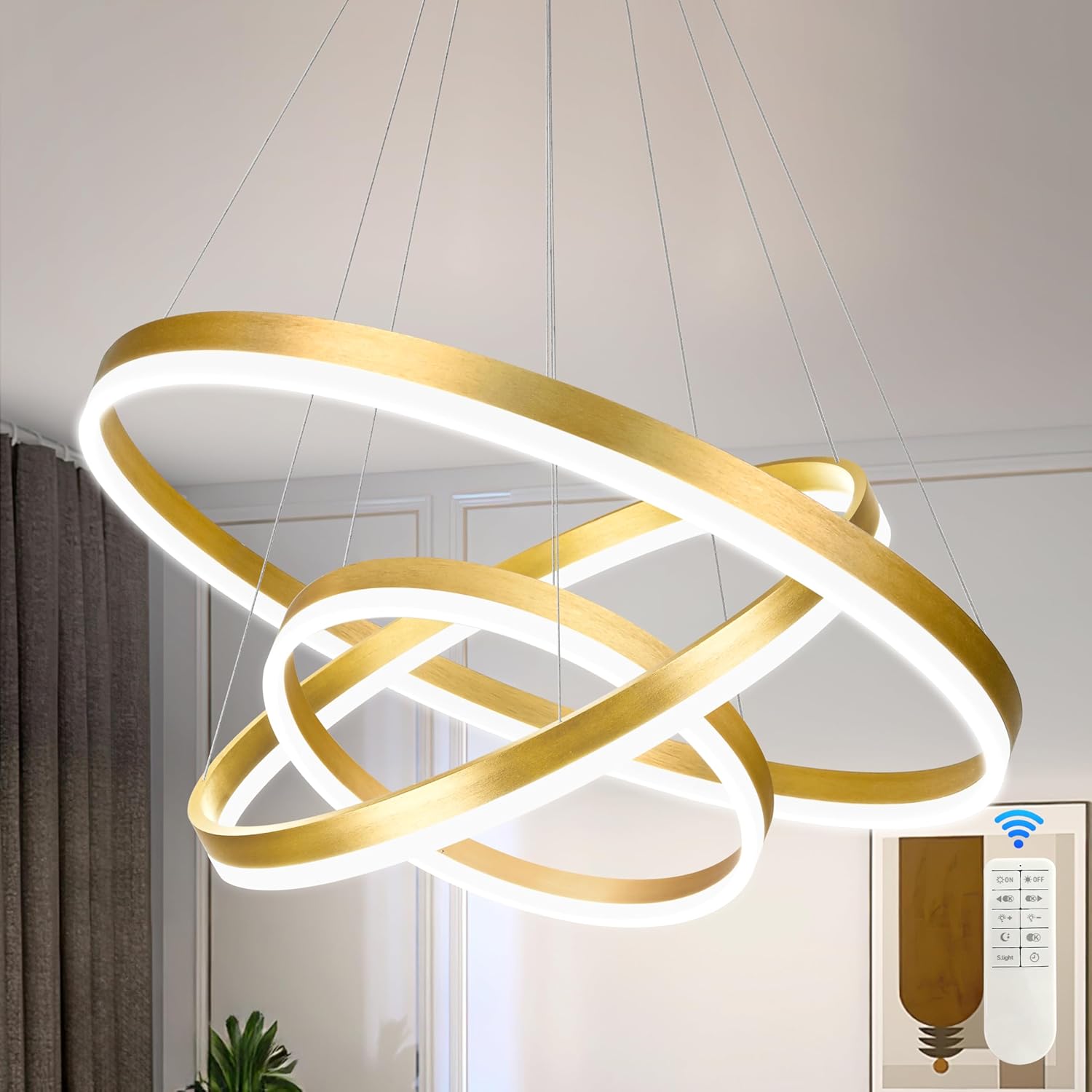 31.5" 3 Ring Modern Led Pendant Light Gold Modern Led Chandelier Contemporary Ring Chandeliers Dimmable Chandeliers Color Temperature Adjustable Height Hanging Chandelier for Living Room