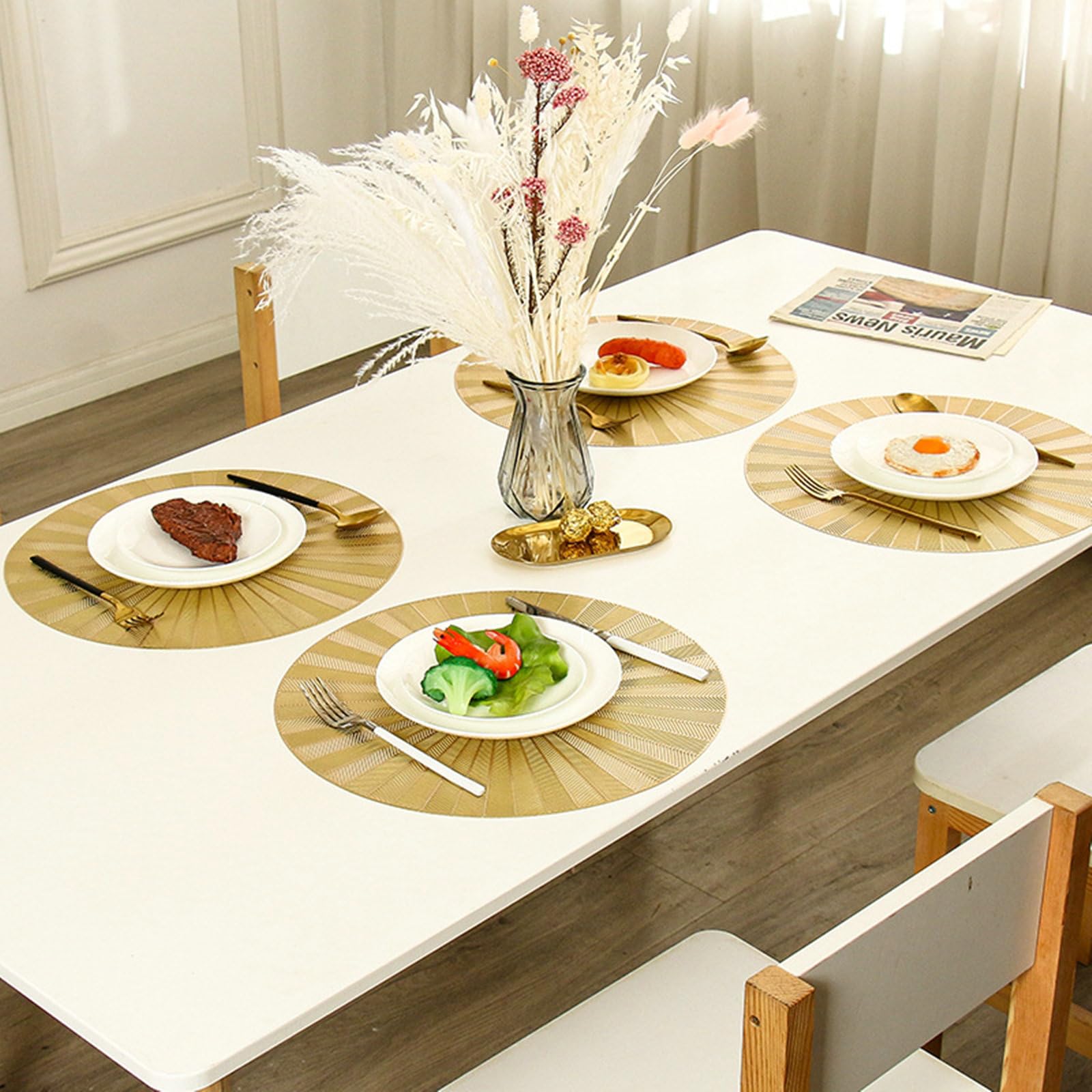 Juego de 6 manteles individuales de cocina redondos, lavables con diseño de flores circulares a rayas vacías, de PVC para Navidad, antideslizantes y resistentes al calor, color dorado, 38 cm
