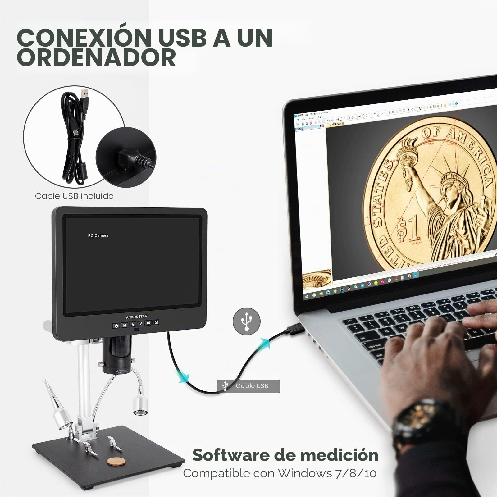 Andonstar AD249S-M Microscopio Digital HDMI de 10,1 Pulgadas 2000x, grabación de vídeo UHD de 3 Lentes 2160P, microscopio de Soldadura, Kit de microscopio biológico, Compatible con Windows