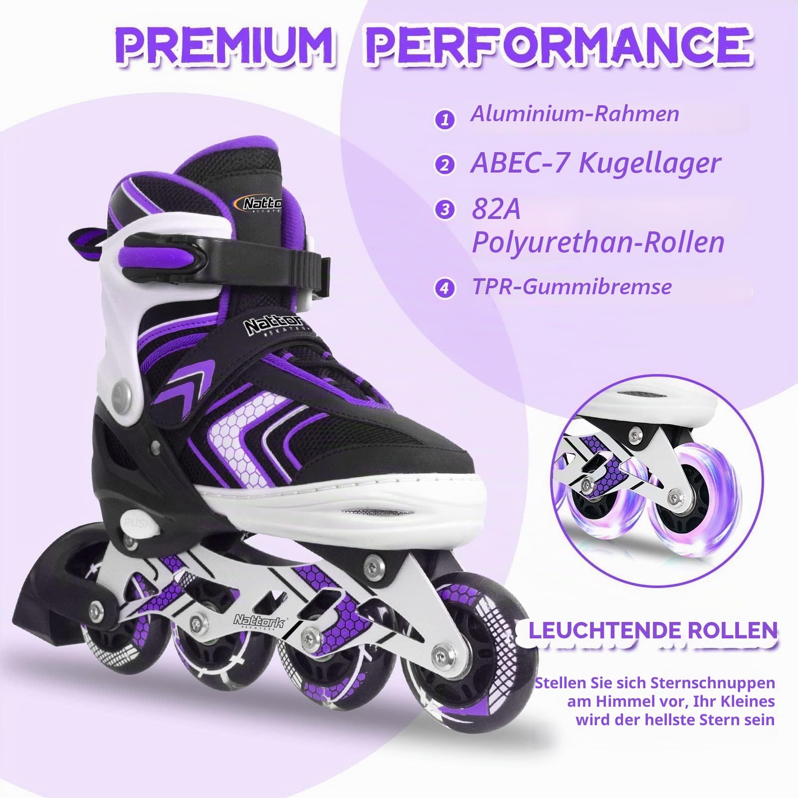 Nattork Inliner für Kinder Verstellbare Inline Skates, 4 Größen Kinder Inline Roller Skates mit Beleuchteten, Kinder Inliner Rollschuhe für Anfänger