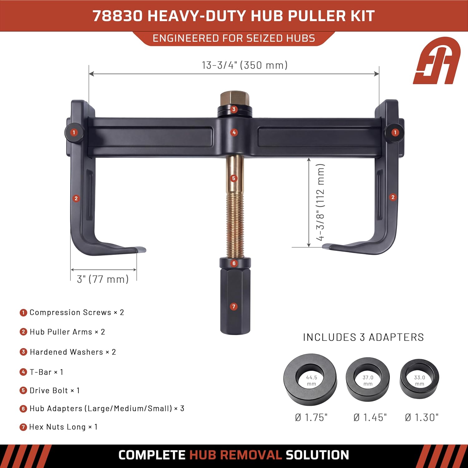 Hub Drum and Rotor Puller Kit 78830, Heavy Duty Brake Drum Rotor Hub Removal Pneumatic Tool, 14" Spread