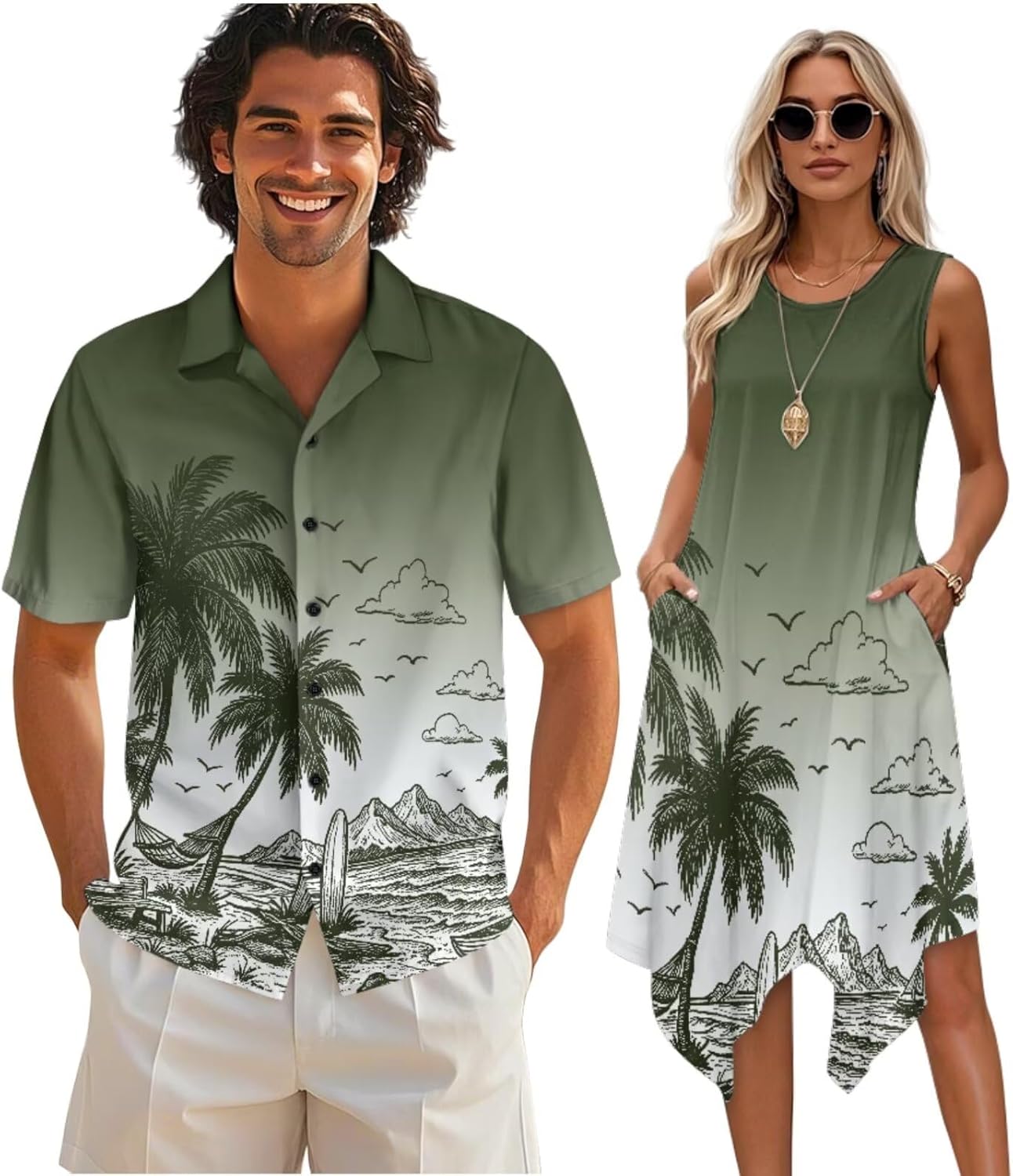 Couple Matching Outfit Hawaiian Men's Button Down Shirt Sleeveless Sundresses Dress Summer Dress for Women 2026