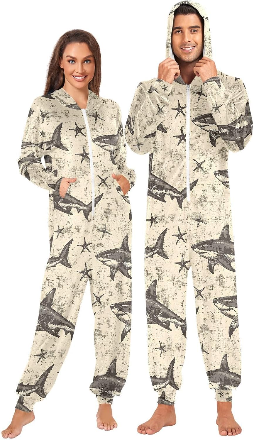 Shark Starfish Ocean Nautical Coastal Adult Onesie Pajamas Novelty One Piece Costume Sleepwear Jumpsuits Matching PJS