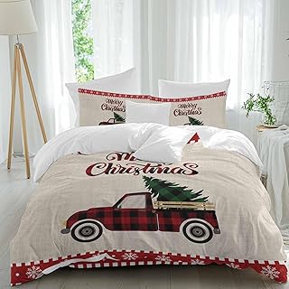 Merry Christmas Comforter Set Twin Size, Buffalo Check Plaid Truck Tree Soft Bedding Set for Man Woman, 4 Pieces Duvet Cover Set with Fitted Sheet, 2 Pillowcases
