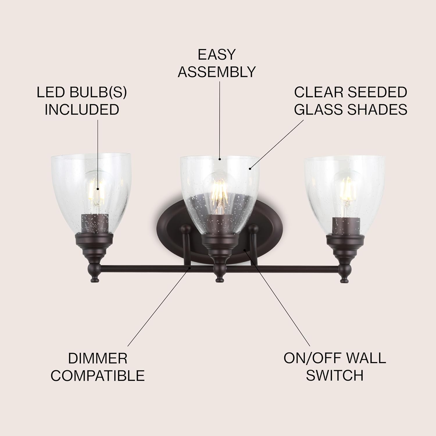 JONATHAN Y 22.5" Oil Rubbed Bronze LED Vanity Light Wall Sconce, Hardwired for Bathroom, Clear Seeded Glass Shade, Dimmable Mirror Hallway Lighting, LED Bulb Included (JYL7470A)