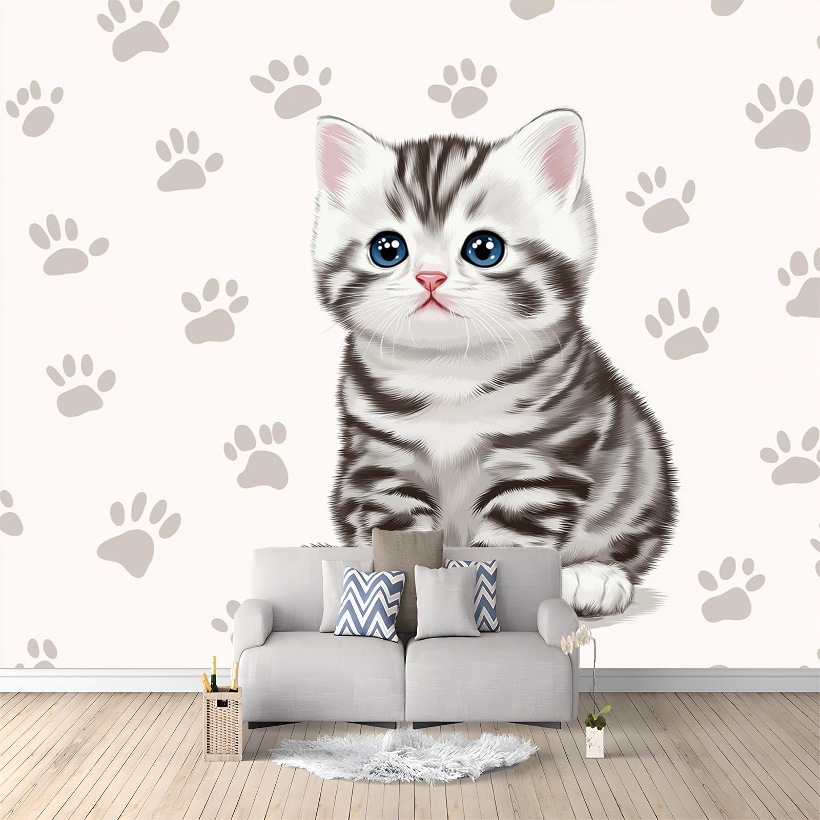 Uroczy kot tapeta ścienna, odciski łap dekoracja ścienna do sypialni meble do salonu, szara 250 x 175 cm wodoodporna tapeta do łazienki kuchni biura ściany