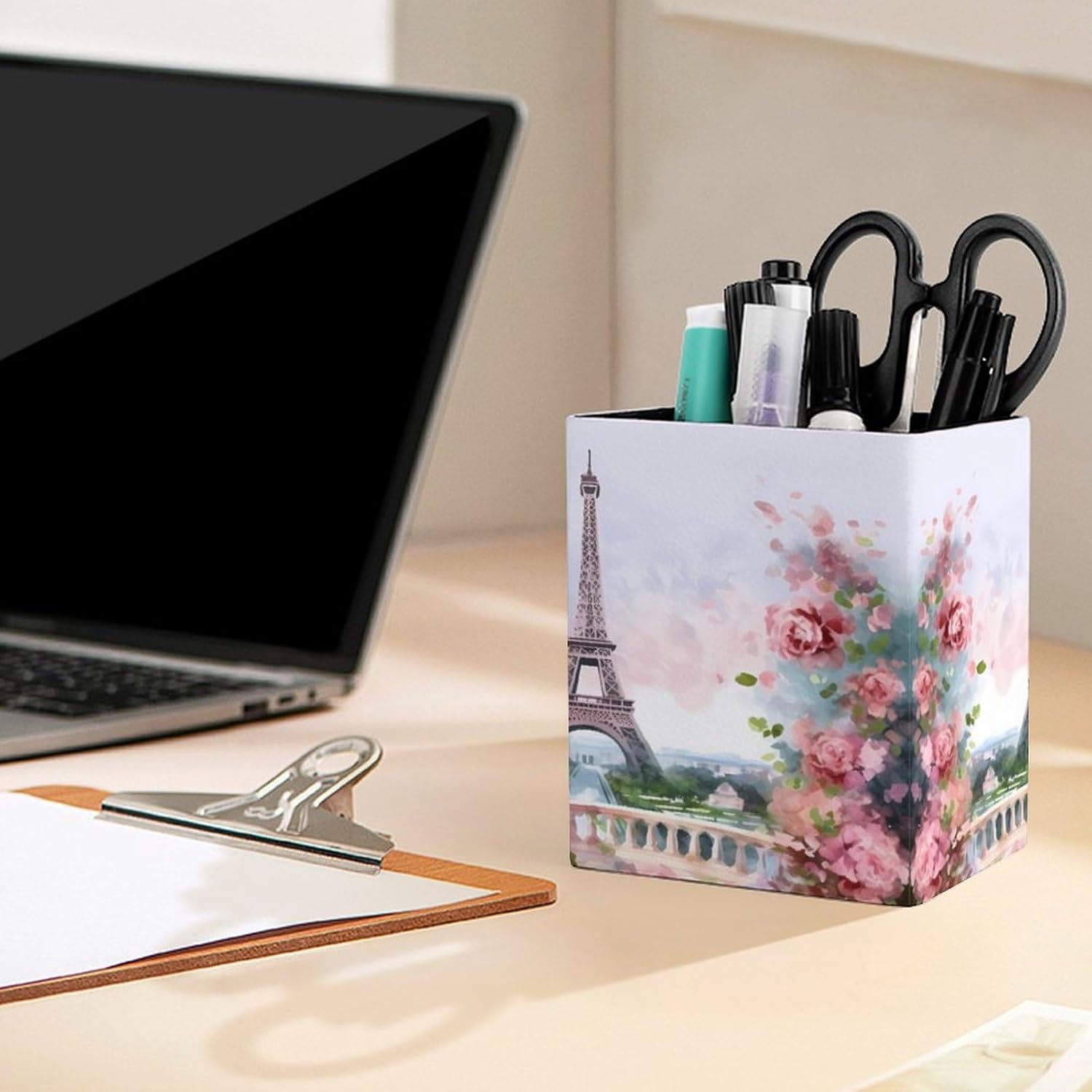 Square Pen Holder Paris Eiffel Tower With Flowers Desk Organizer Pencil Cup image 5