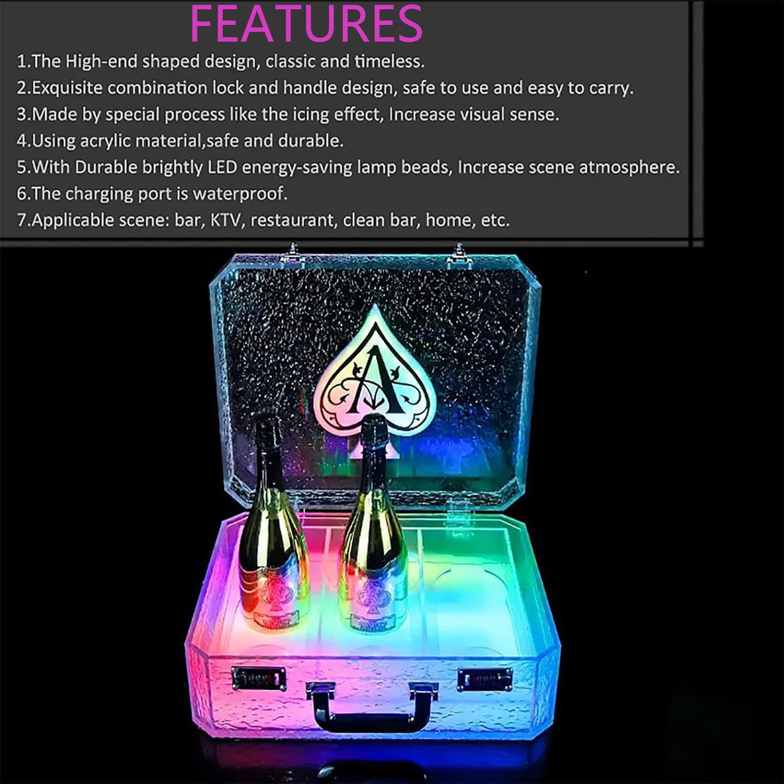 Caja de as de Espadas con luz LED Recargable para 3 Botellas, Estante de Exhibición de Botellas de Licor con luz LED, Estuche para Transportar Botellas de Champán, para Discotecas, Fiestas