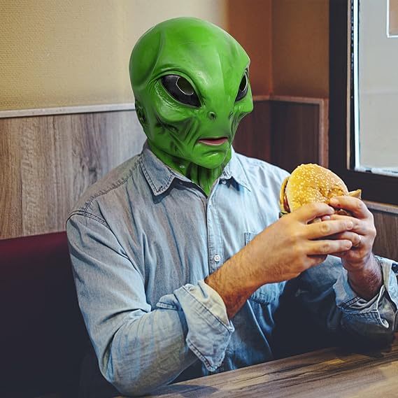 Green Alien Mask Realistic Full Head Alien Mask Halloween Cosplay Adults | One size, adult, creepy monster mask, latex, full head, breathable, wide vision, Halloween costume, carnival, cosplay props