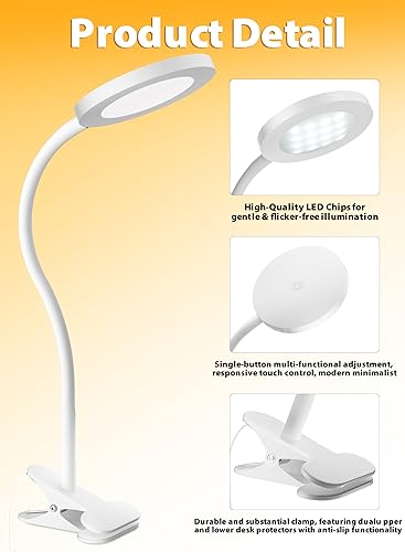 Miniatura 5 de deeloop Luz LED con clip, 100% infinita regulable para libros de lectura en cabecera de cama, lámpara de escritorio de control táctil de 450 lm con