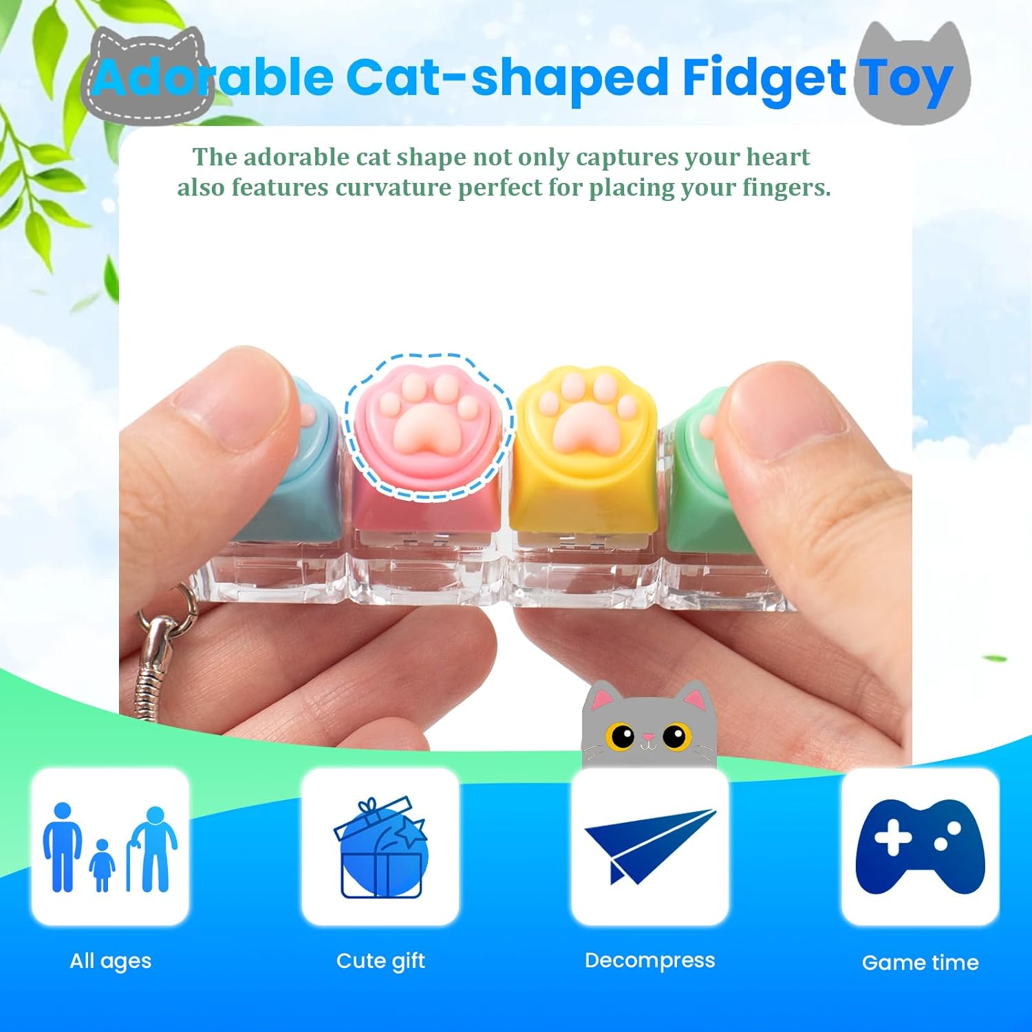 2 Pcs Light Up and No Light Keyboard Fidget Toy, Cute Catpaw Clicky Keyboard Fidget Clicker Keychain, Cat Paw Key Button Stress Relief Fidget for Adult to Anxiety Decompression (Blue Pink)