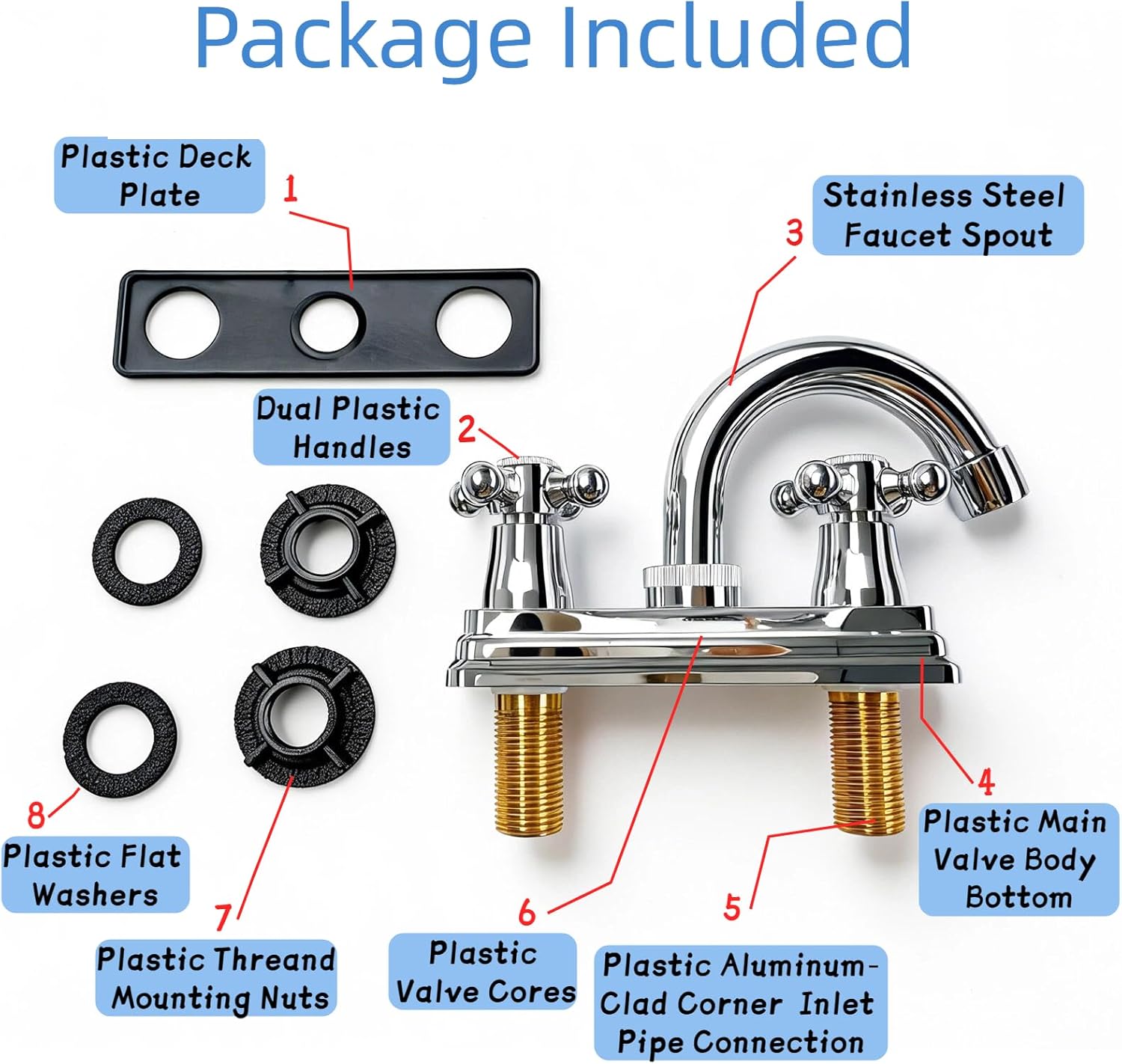RV Bathroom Faucets, Non-Metallic RV Kitchen Sink Faucet Replacement with Two Handle Control -4" Main Body,2 Hole Replace for RV Home Campers Motorhomes Travel Trailers,Chrome