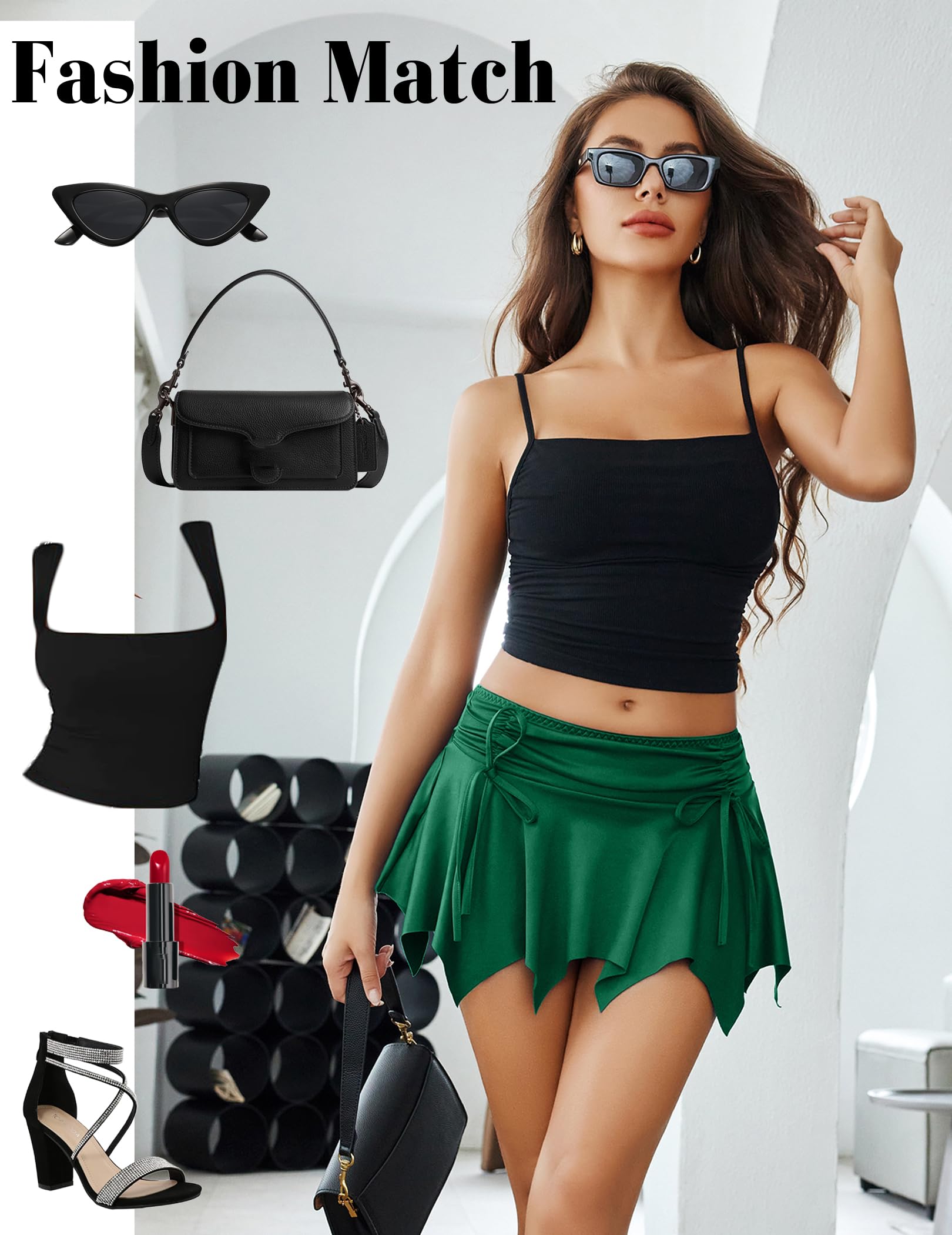 Avidlove Mini Skirt Flowy Stretchy Hem Sexy Y2k Asymmetrical Skirt with Drawstring Ruched Bow Beach Short Skirt: Green X-Small Short