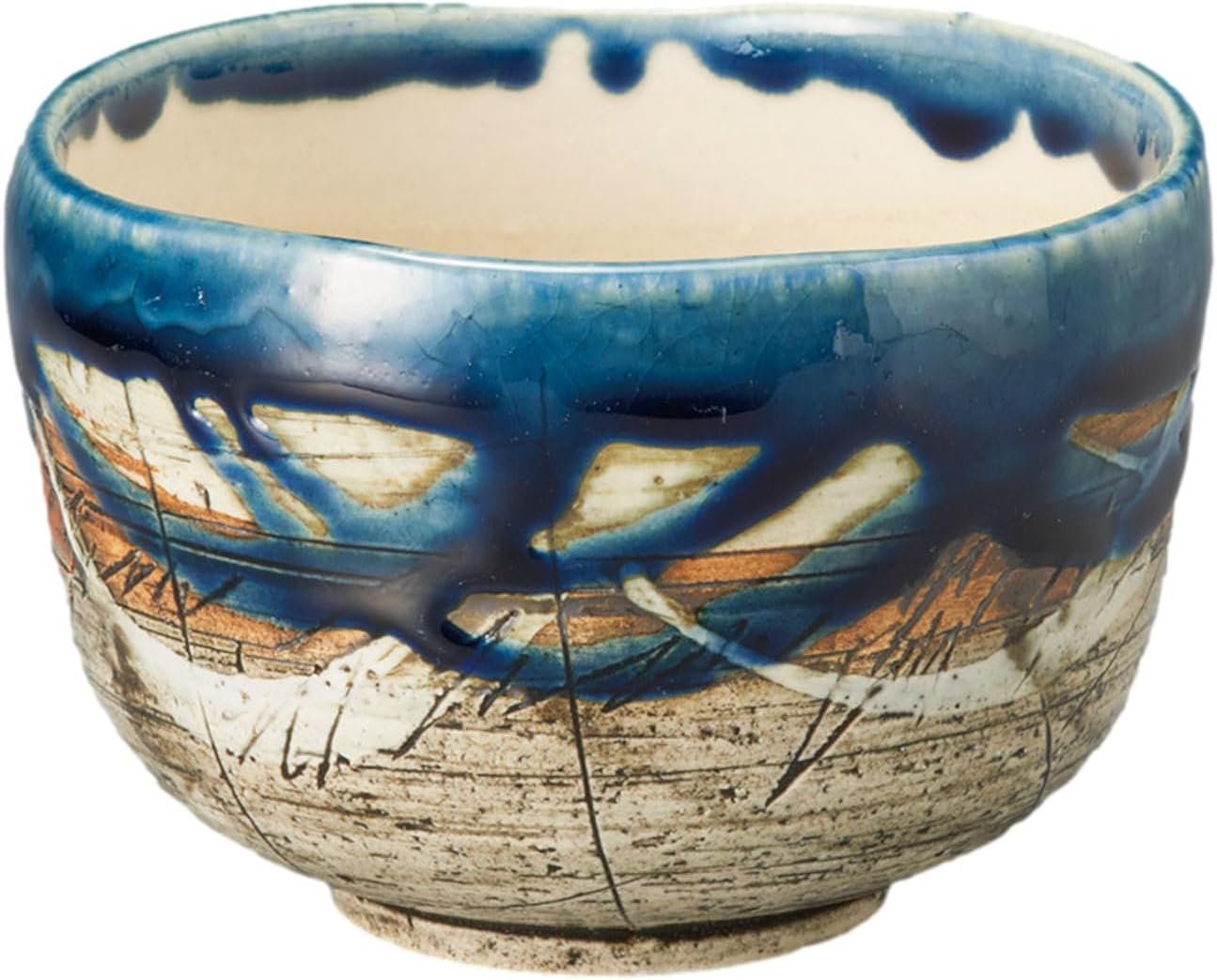 Hand-made Japanese Mino Ware Ceramic Matcha bowl Engraved with Lines Pattern 4.45 Inches Diameter Tea Cup for Tea Ceremony from Japan (Navy)