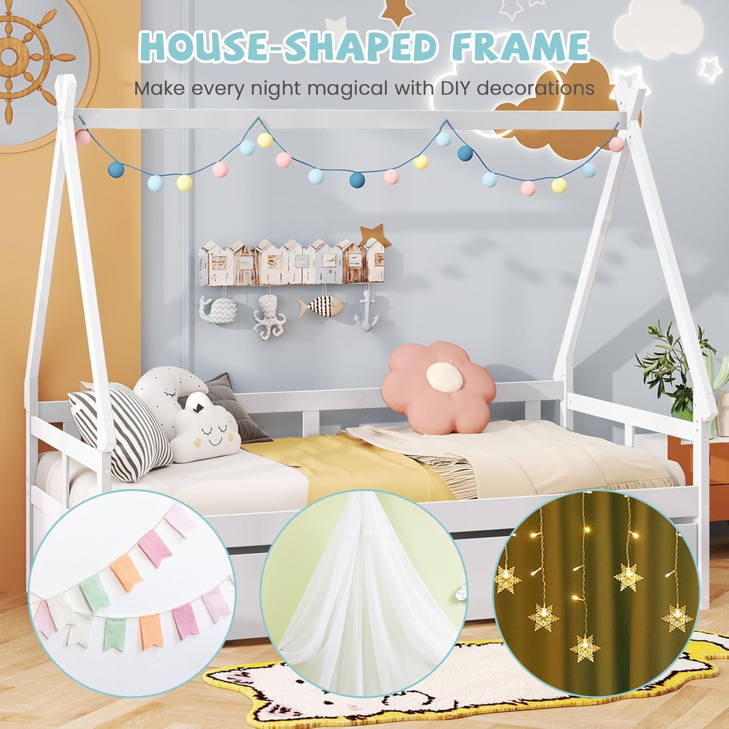 Giantex Twin House Bed with Trundle, Wood Montessori Tent Bed Frame with Safety Guardrail, Low Teepee Beds with Wood Slat Support for Boys Girls Teens, No Box Spring Needed, White