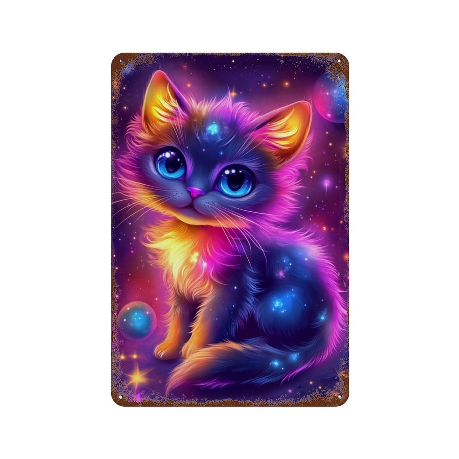 Rust Effect Galactic Kitten Fantasy Art Decorative Tin Sign 11.8"x7.9", Classic Wall Plaque for Pub, Kitchen And Man Cave Decor