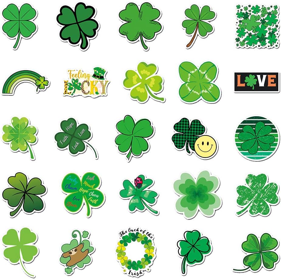 Green Four Leaf Clover Vinyl Stickers, 50 PCS Lucky Shamrock Green Decals for Laptops Journals, Water Bottles, Scrapbooking - Image 4